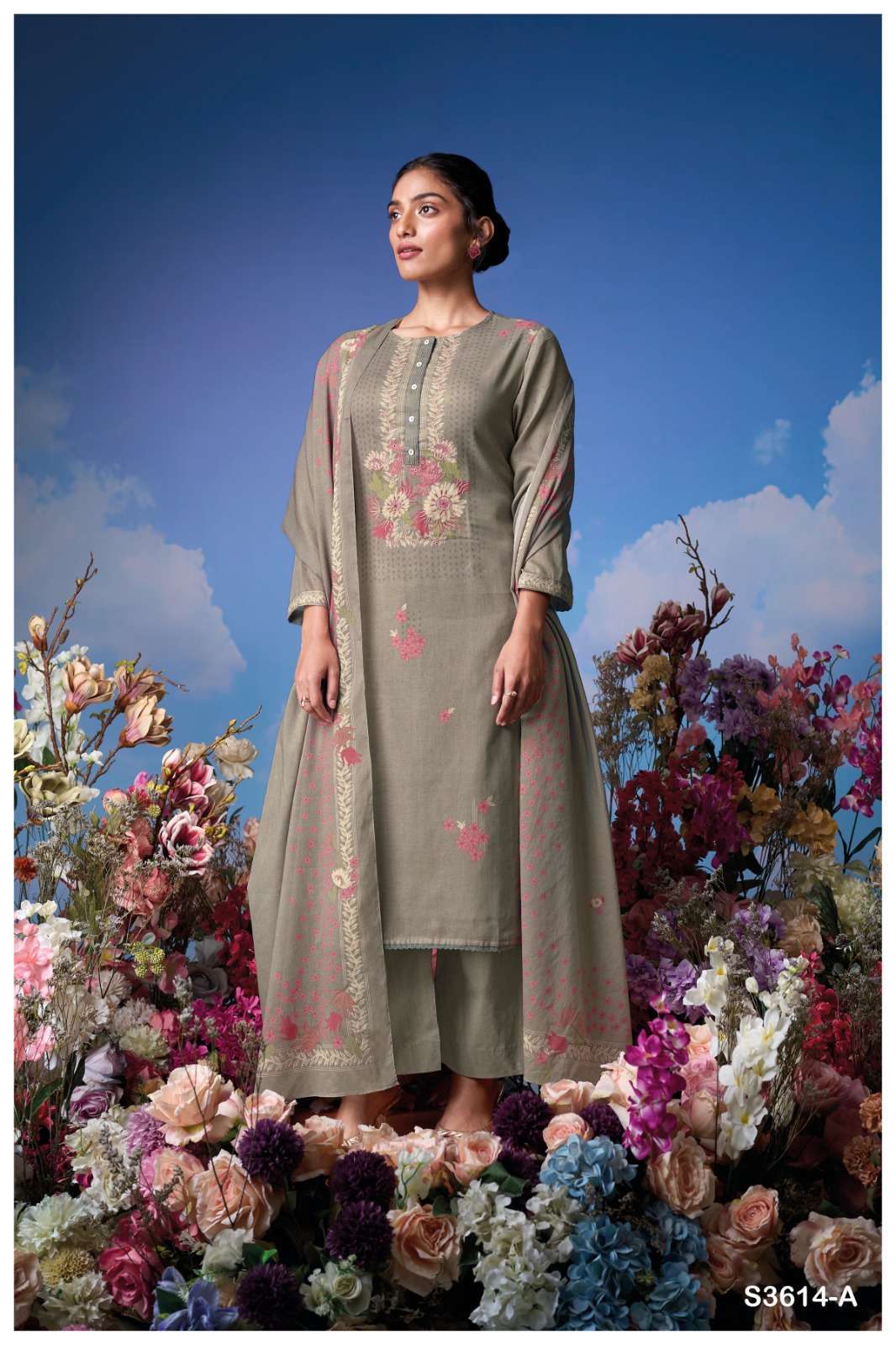 MRINAL SERIES 3614 BY GANGA DESIGNER PRINTED WITH EMBROIDERY AND HAND WORK COTTON MUL SUITS ARE AVAILABLE AT WHOLESALE PRICE