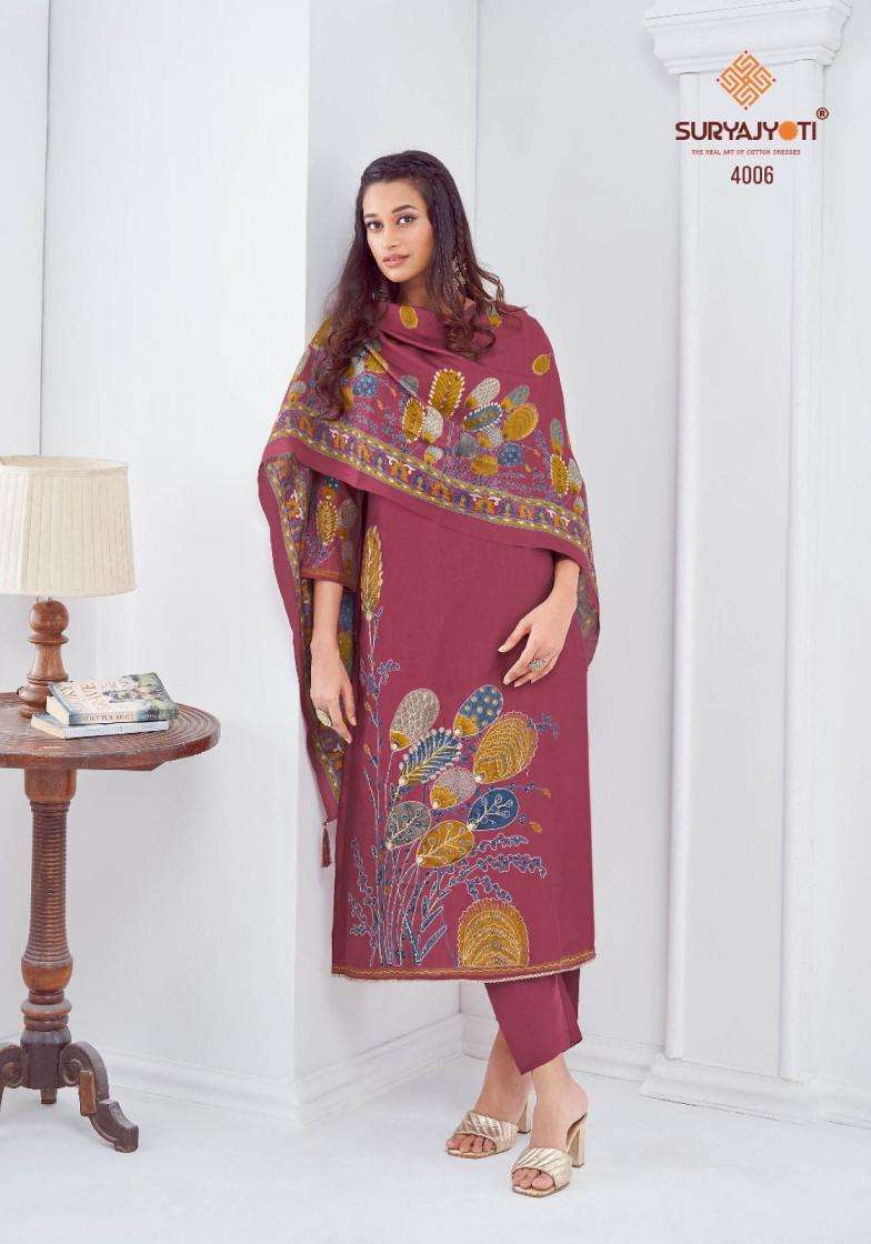 PRABHA VOL-4 SERIES 4001 TO 4006 BY SURYAJYOTI DESIGNER PRINTED AND WORK MODAL SUITS ARE AVAILABLE AT WHOLESALE PRICE