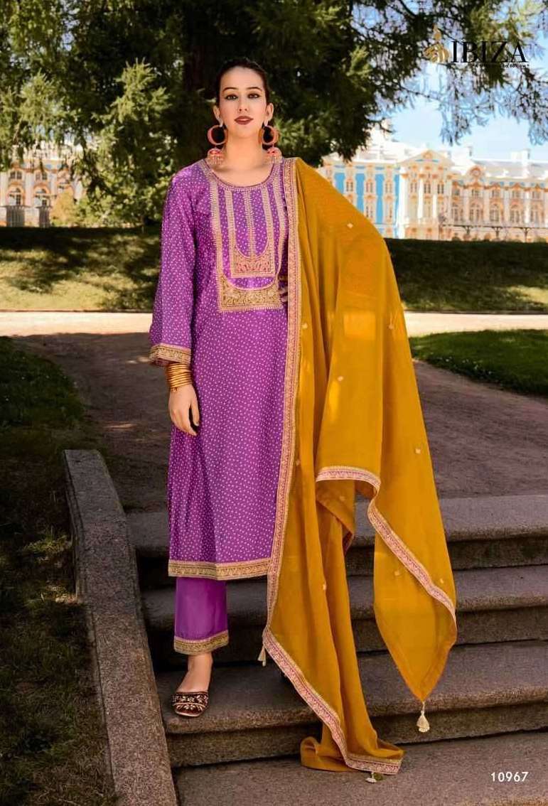 RANG BANDHEJ SERIES 10963 TO 10968 BY IBIZA DESIGNER EMBROIDERY WORK BEMBERG RUSSIAN SILK SUITS ARE AVAILABLE AT WHOLESALE PRICE