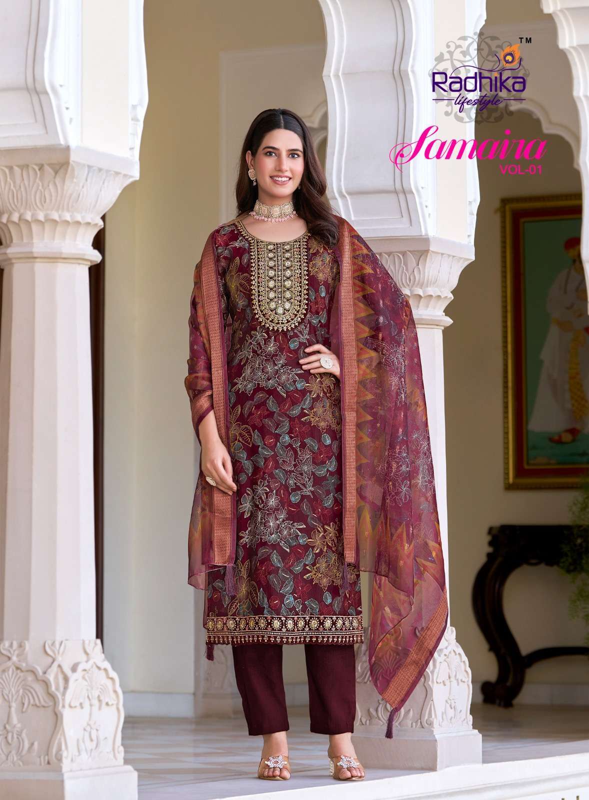 SAMAIRA VOL-1 SERIES 1001 TO 1006 BY RADHIKA LIFESTYLE DESIGNER PRINTED AND WORK VETICAN KURTI WITH BOTTOM AND DUPATTA ARE AVAILABLE AT WHOLESALE PRICE