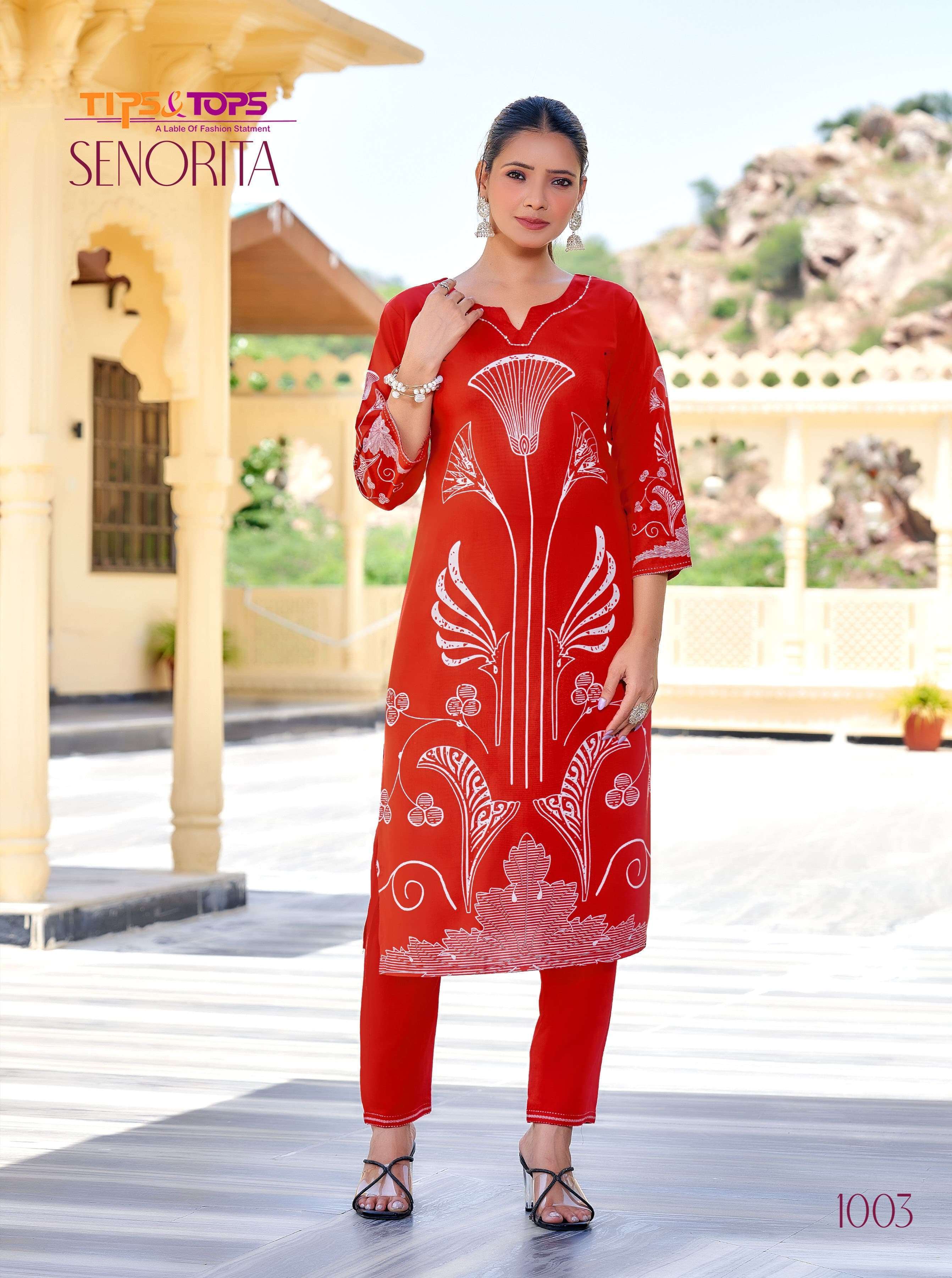 SENORITA SERIES 1001 TO 1004 BY TIPS & TOPS DESIGNER PRINTED AND WORK RAYON CO ORD SETS ARE AVAILABLE AT WHOLESALE PRICE