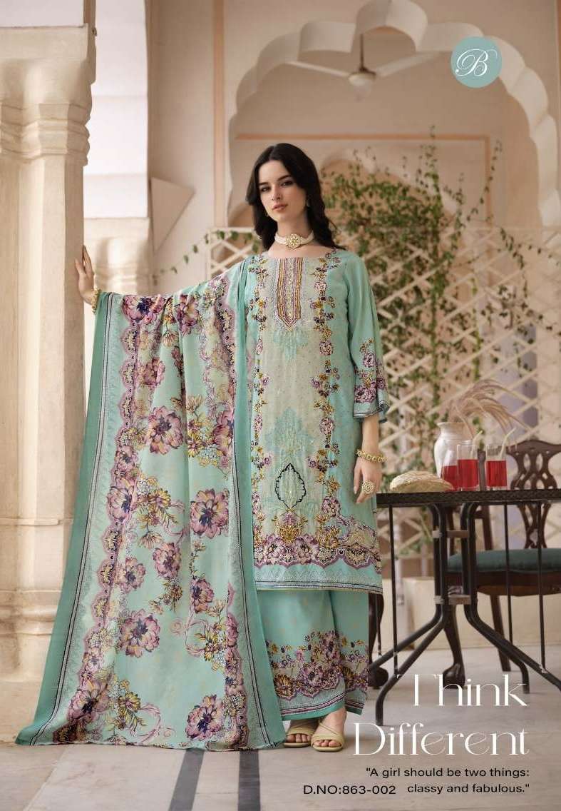 SHAHEEN VOL-6 SERIES 863 BY BELLIZA DESIGNER PRINTED AND WORK VISCOSE RAYON SUITS ARE AVAILABLE AT WHOLESALE PRICE