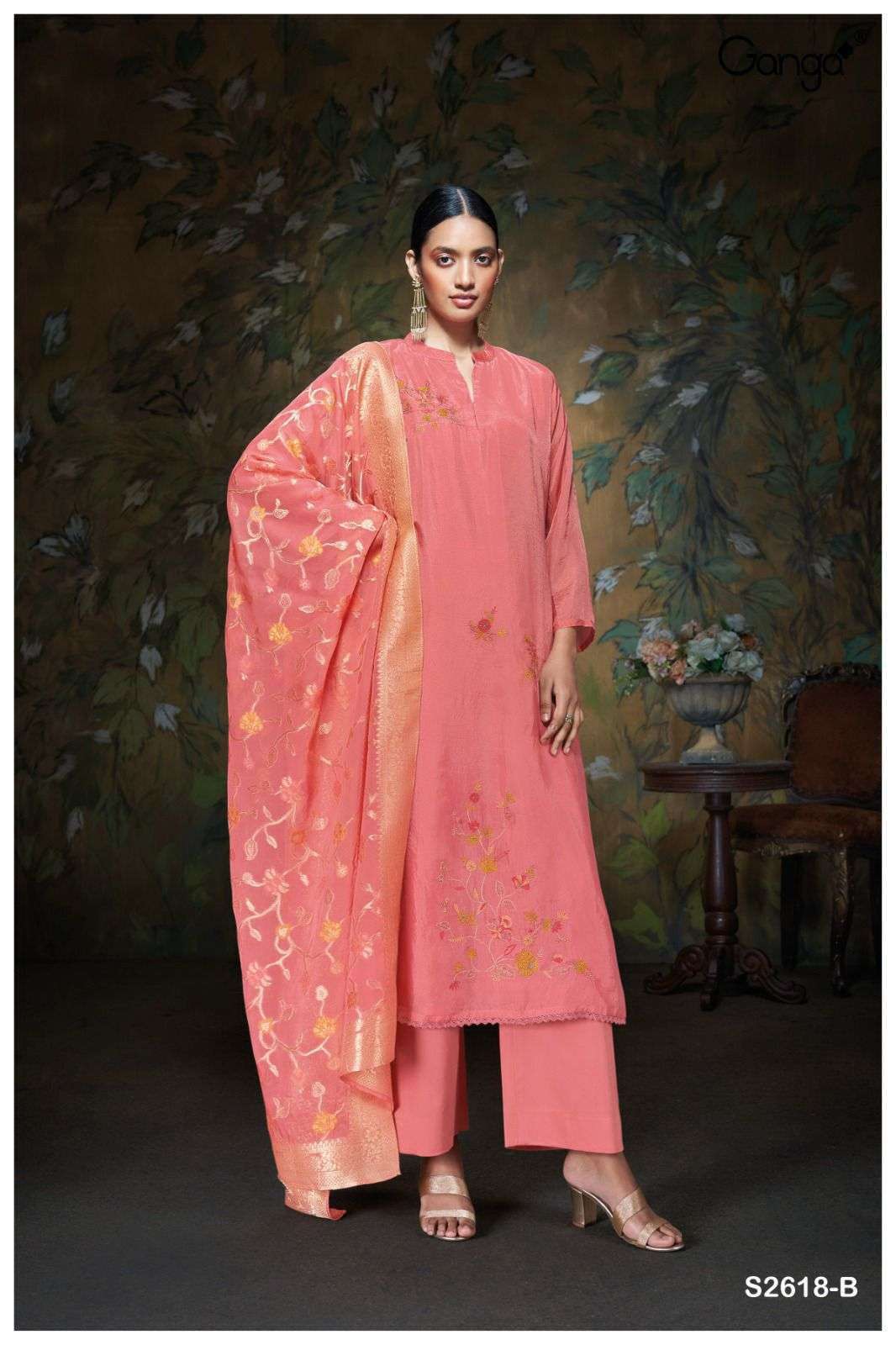 SWARA SERIES 2618 BY GANGA DESIGNER EMBROIDERY WORK BEMBERG HABUTAI SILK SUITS ARE AVAILABLE AT WHOLESALE PRICE