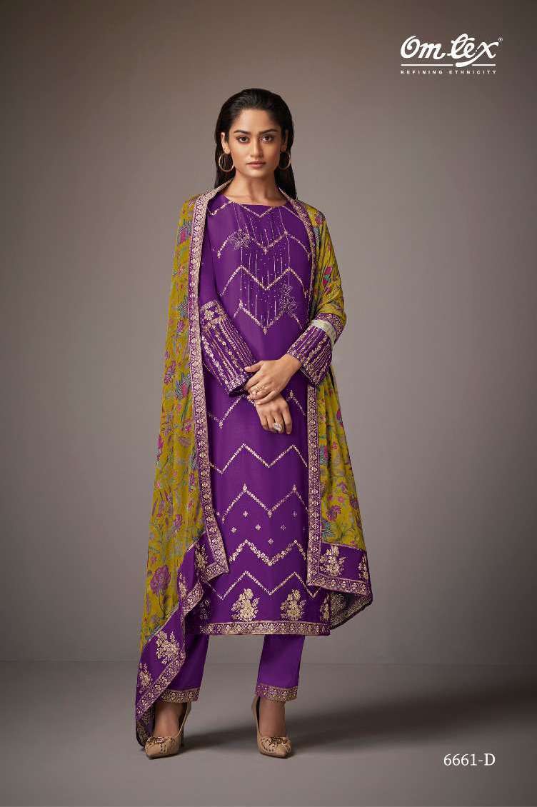 TAHIRA SERIES 6661 BY OMTEX DESIGNER EMBROIDERY AND HAND WORK MUSLIN JACQUARD SUITS ARE AVAILABLE AT WHOLESALE PRICE