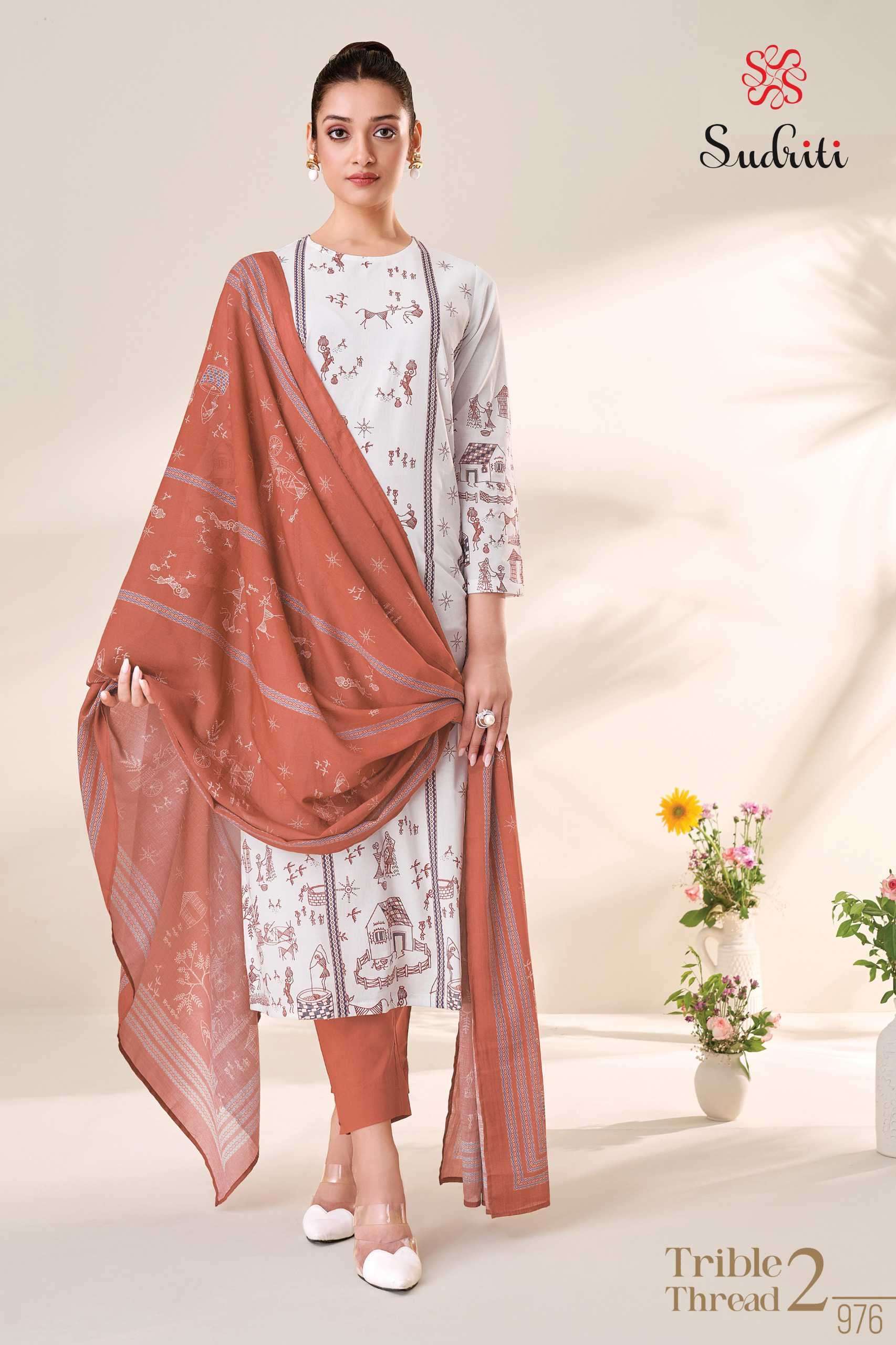 TRIBLE THREAD VOL-2 SERIES 900 BY SUDRITI DESIGNER DIGITAL PRINTED AND KHATLI WORK COTTON LAWN SUITS ARE AVAILABLE AT WHOLESALE PRICE