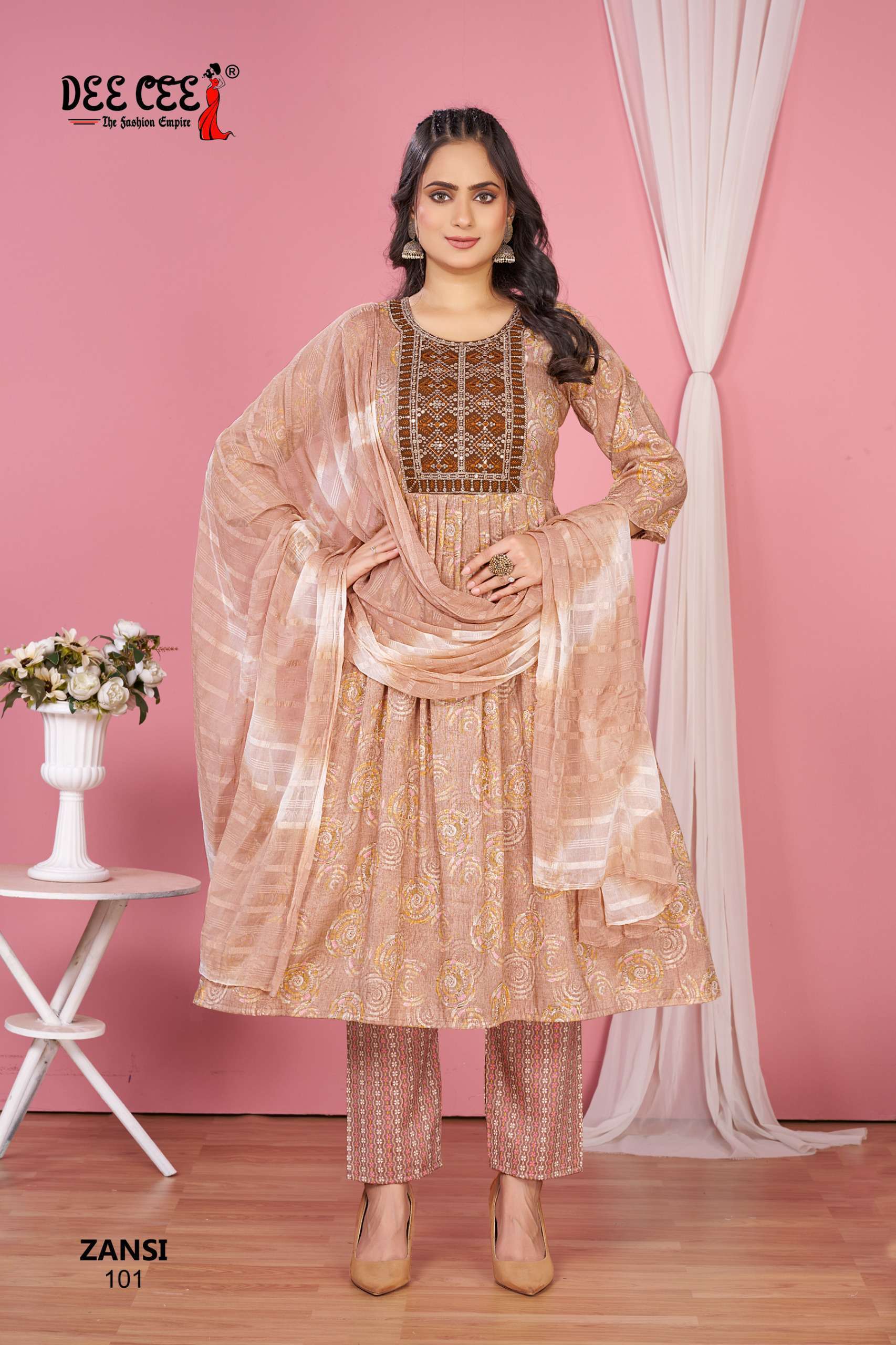 ZANSI SERIES 101 TO 106 BY DEE CEE DESIGNER FOIL PRINTED AND WORK RAYON ANARKALI KURTI WITH BOTTOM AND DUPATTA ARE AVAILABLE AT WHOLESALE PRICE