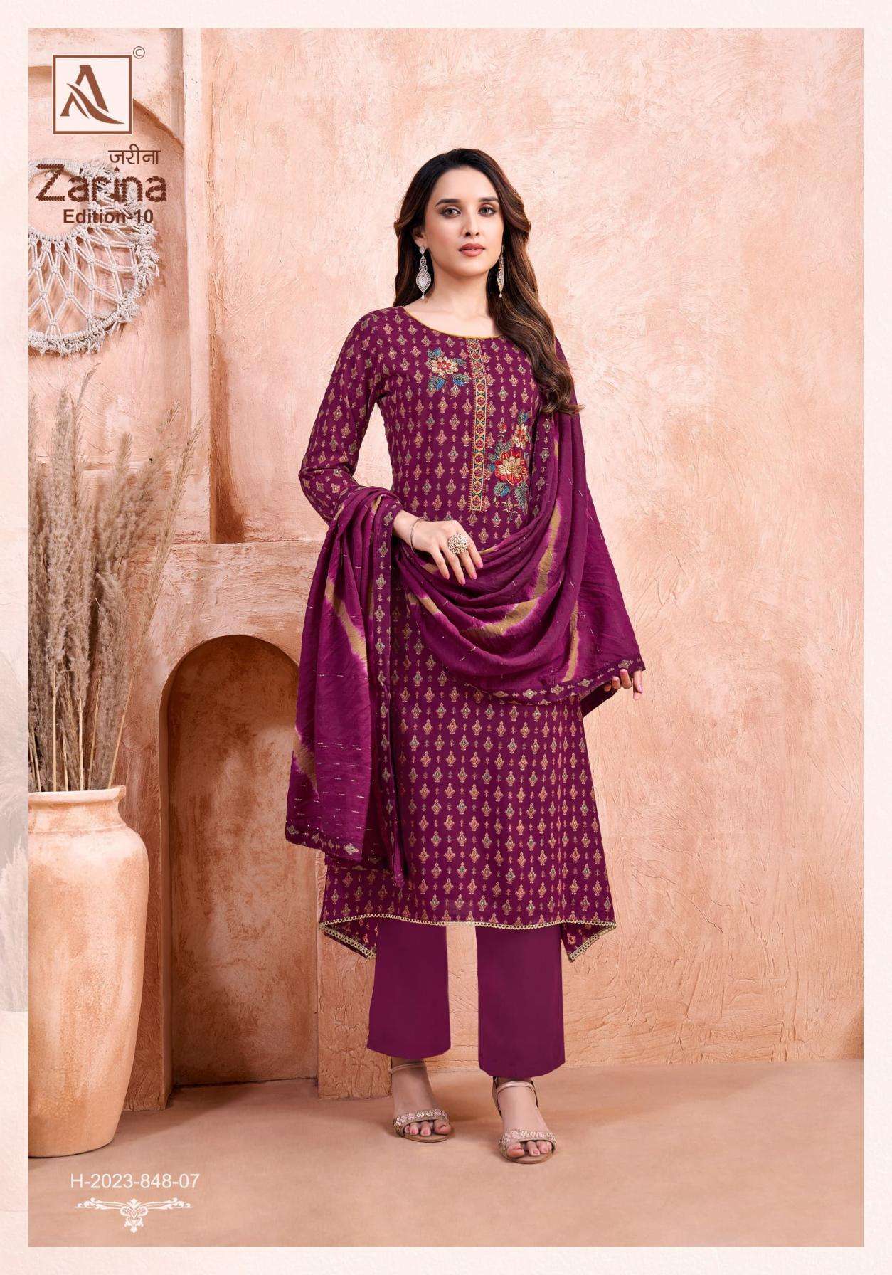 ZARINA EDITION-10 SERIES 2023 BY ALOK SUITS DESIGNER PRINTED AND WORK VISCOSE RAYON SUITS ARE AVAILABLE AT WHOLESALE PRICE