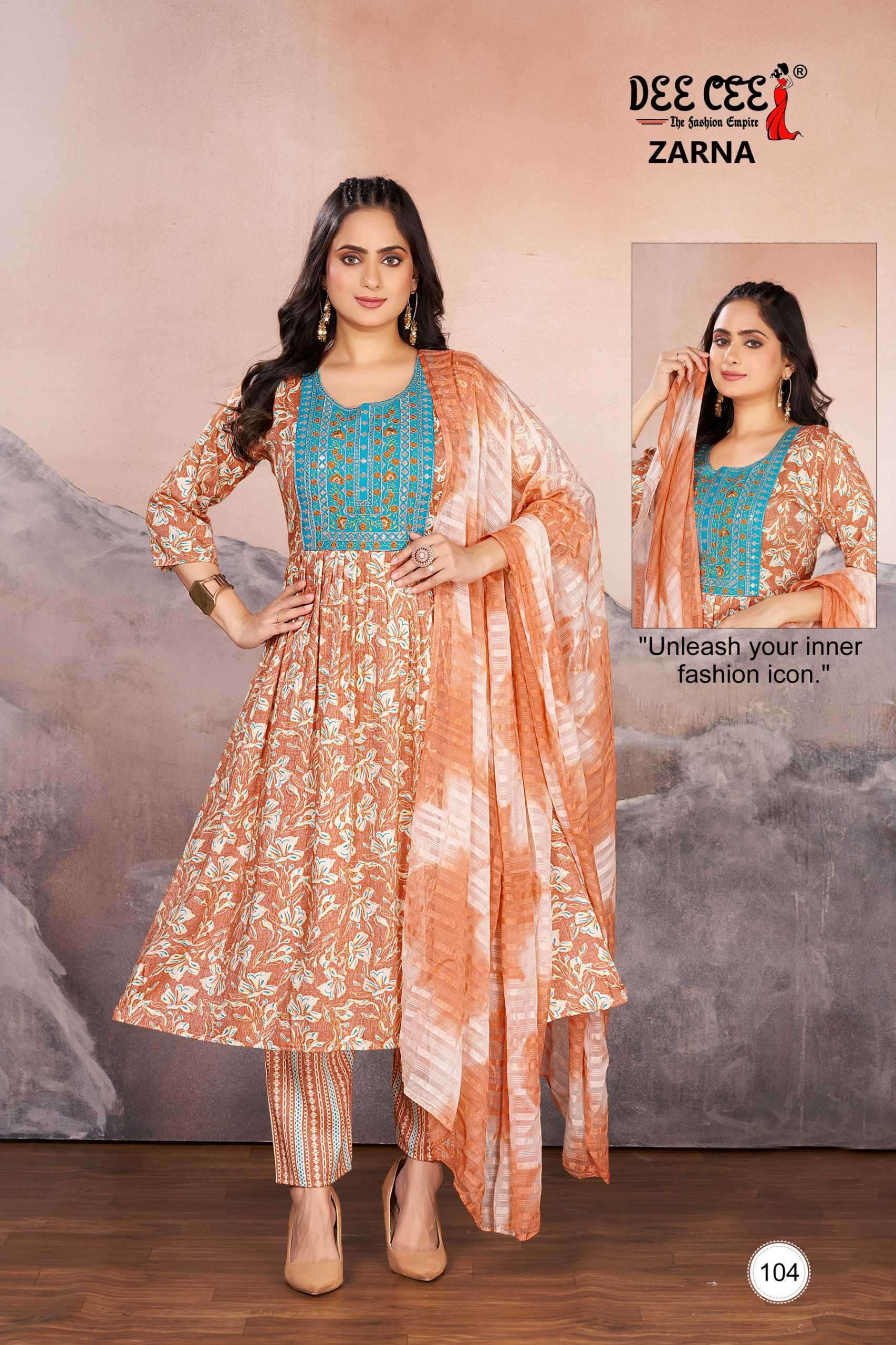 ZARNA SERIES 101 TO 106 BY DEE CEE DESIGNER FOIL PRINTED AND WORK RAYON ANARKALI KURTI WITH BOTTOM AND DUPATTA ARE AVAILABLE AT WHOLESALE PRICE