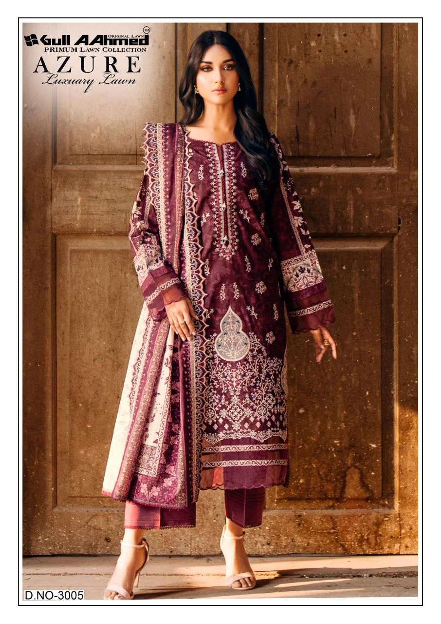 AZURE LUXURY LAWN VOL-3 SERIES 3001 TO 3006 BY GULL AAHMED DESIGNER WITH PRINTED LAWN SUITS ARE AVAILABLE AT WHOLESALE PRICE