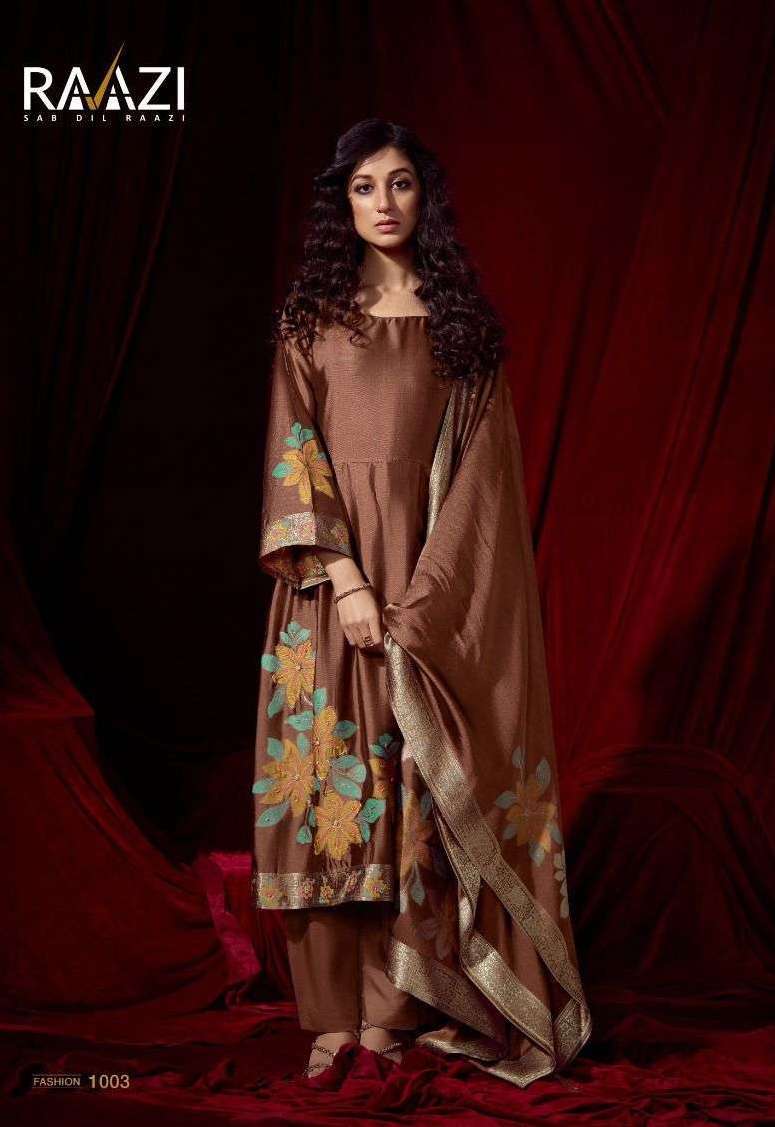 FLORA SERIES 1001 TO 1004 BY RAAZI DESIGNER HAND WORK BEMBERG WOVEN SILK JACQUARD SUITS ARE AVAILABLE AT WHOLESALE PRICE