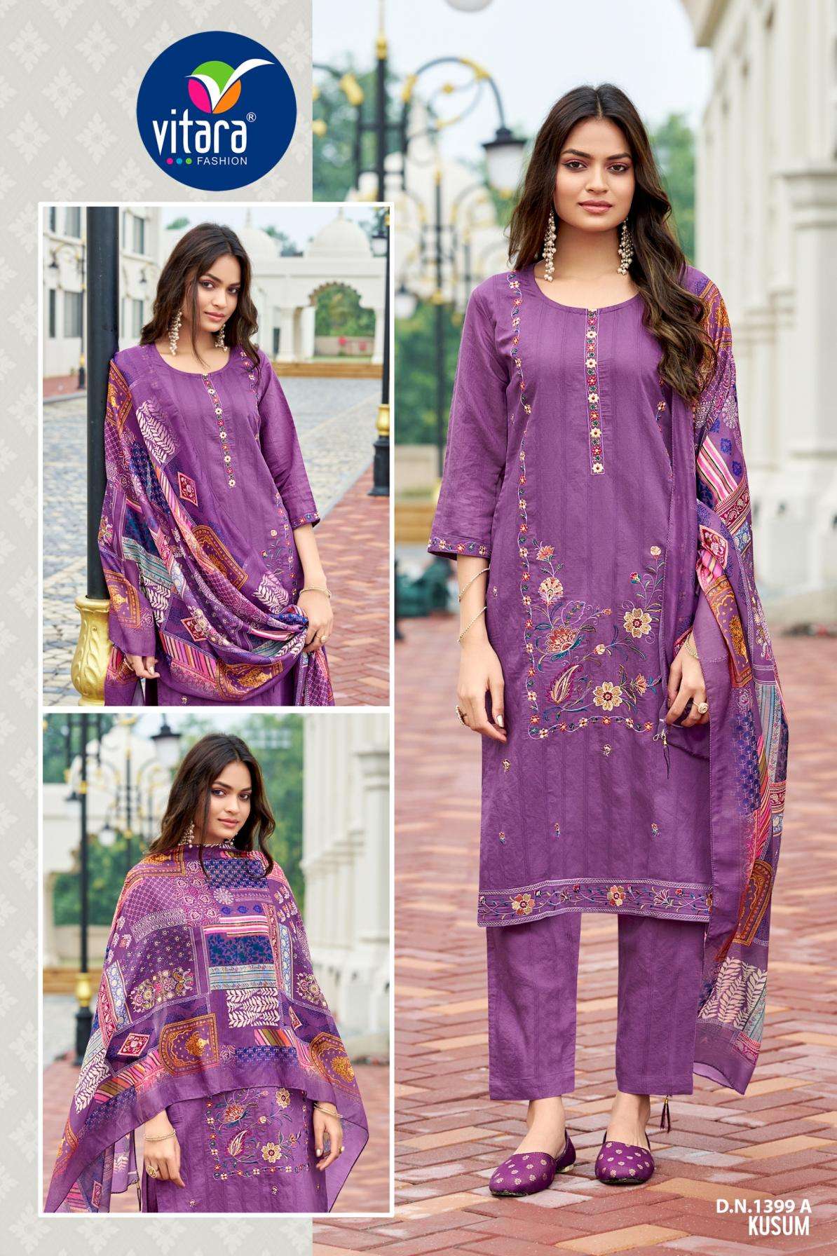 KUSUM SERIES 1399 BY VITARA DESIGNER WITH WORK ROMAN SILK JACQUARD TOP WITH BOTTOM AND DUPATTA ARE AVAILABLE AT WHOLESALE PRICE