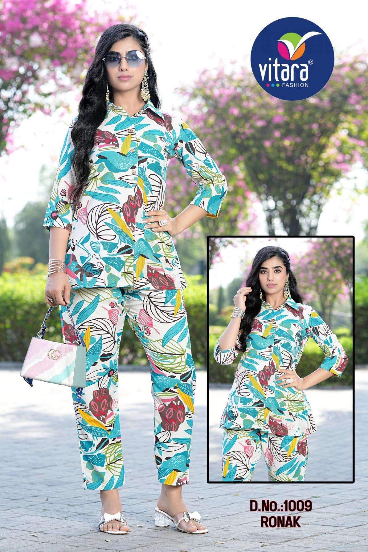 RONAK SERIES 1008 TO 1009 BY VITARA DESIGNER PRINTED RAYON CO ORD SETS ARE AVAILABLE AT WHOLESALE PRICE