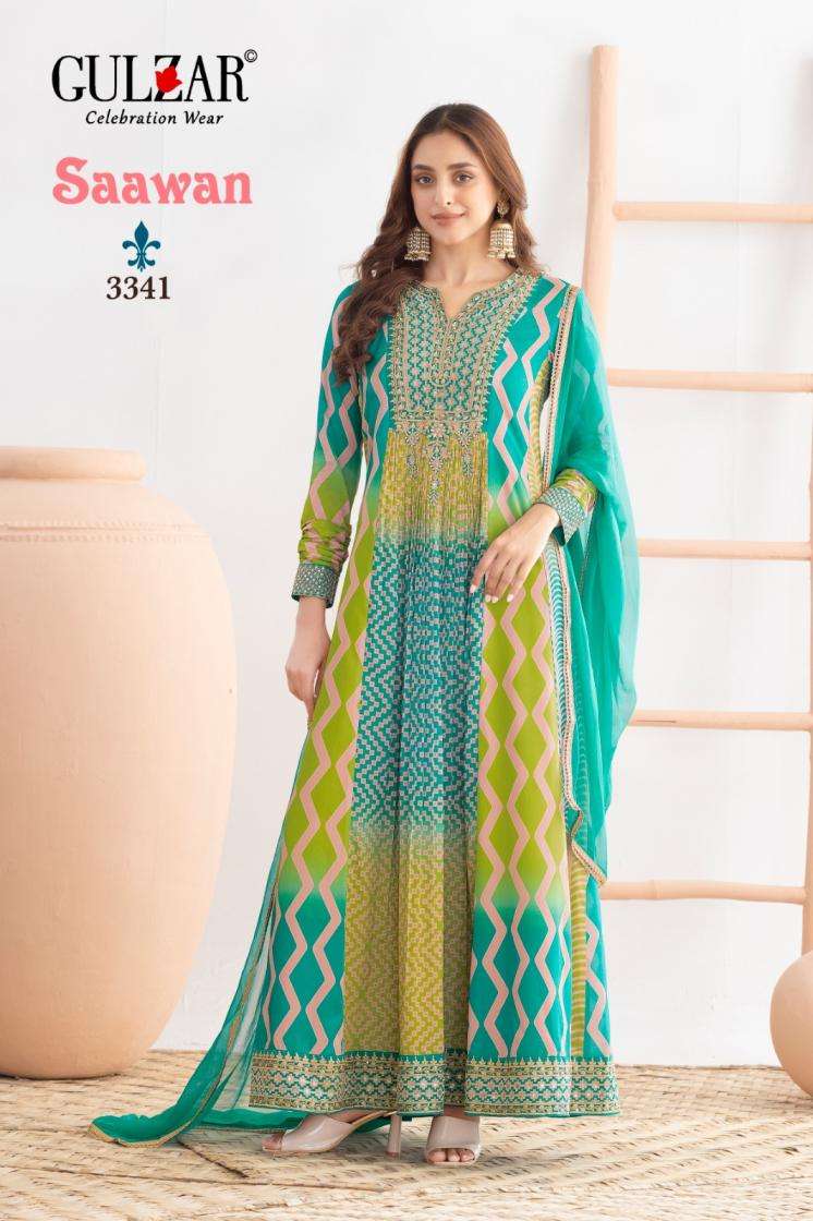 SAAWAN SERIES 3341 TO 3343 BY GULZAR DESIGNER WORK CHINON READYMADE SUITS ARE AVAILABLE AT WHOLESALE PRICE