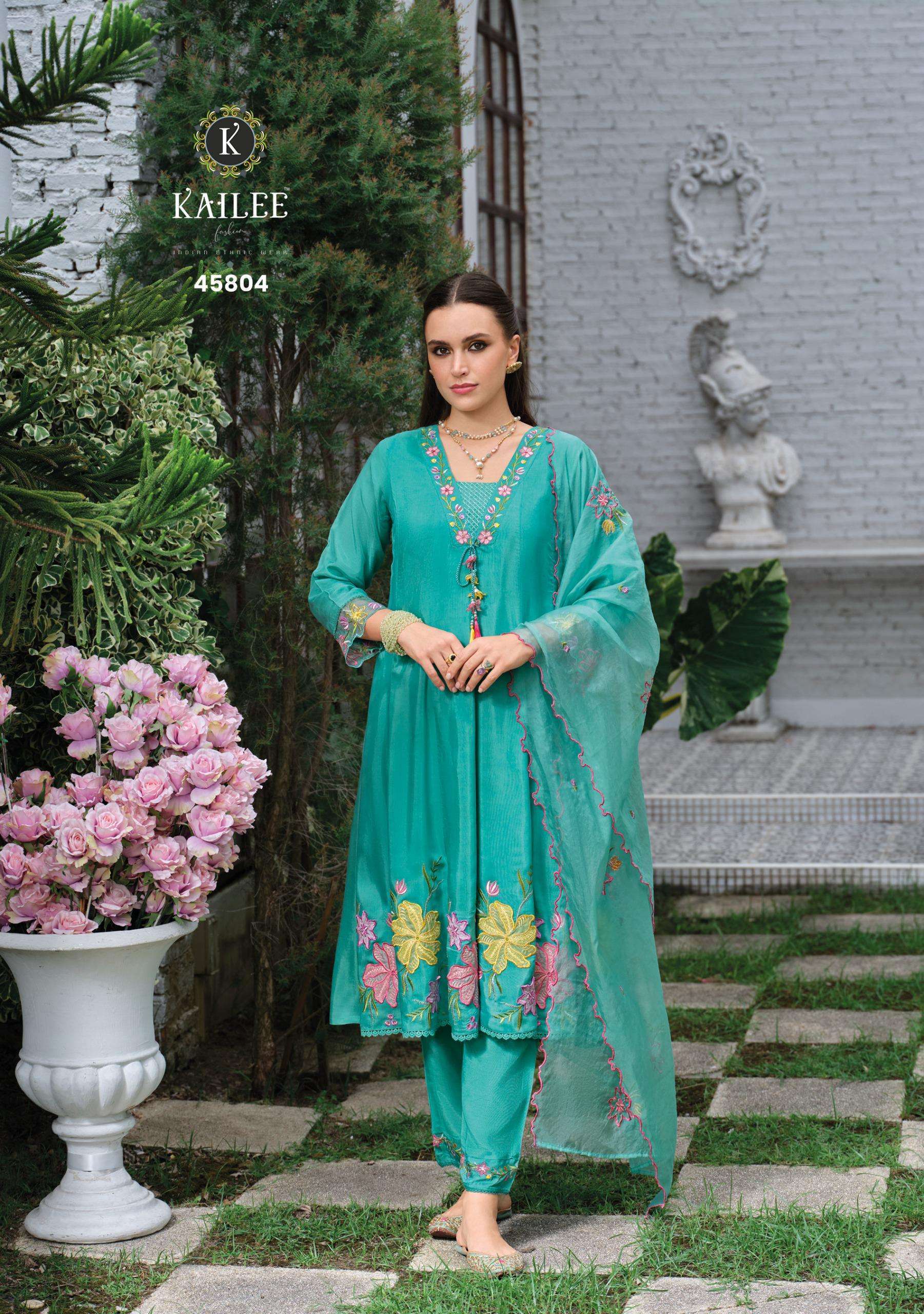 SATRANGII SERIES 45801 TO 45804 BY KAILEE DESIGNER HAND WORK CHANDERI VISCOSE ANARKALI TOP WITH PANT AND DUPATTA ARE AVAILABLE AT WHOLESALE PRICE