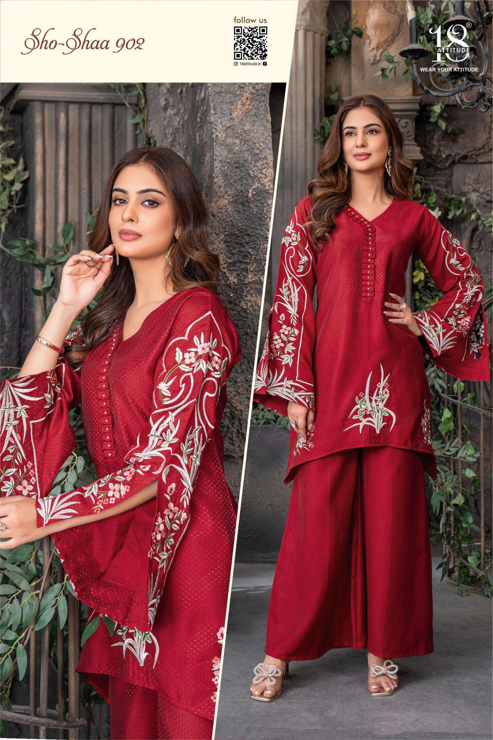 SHO SHAA VOL-9 SERIES 901 TO 905 BY 18 ATTITUDE DESIGNER WORK ROMAN JACQUARD CO ORD SETS ARE AVAILABLE AT WHOLESALE PRICE
