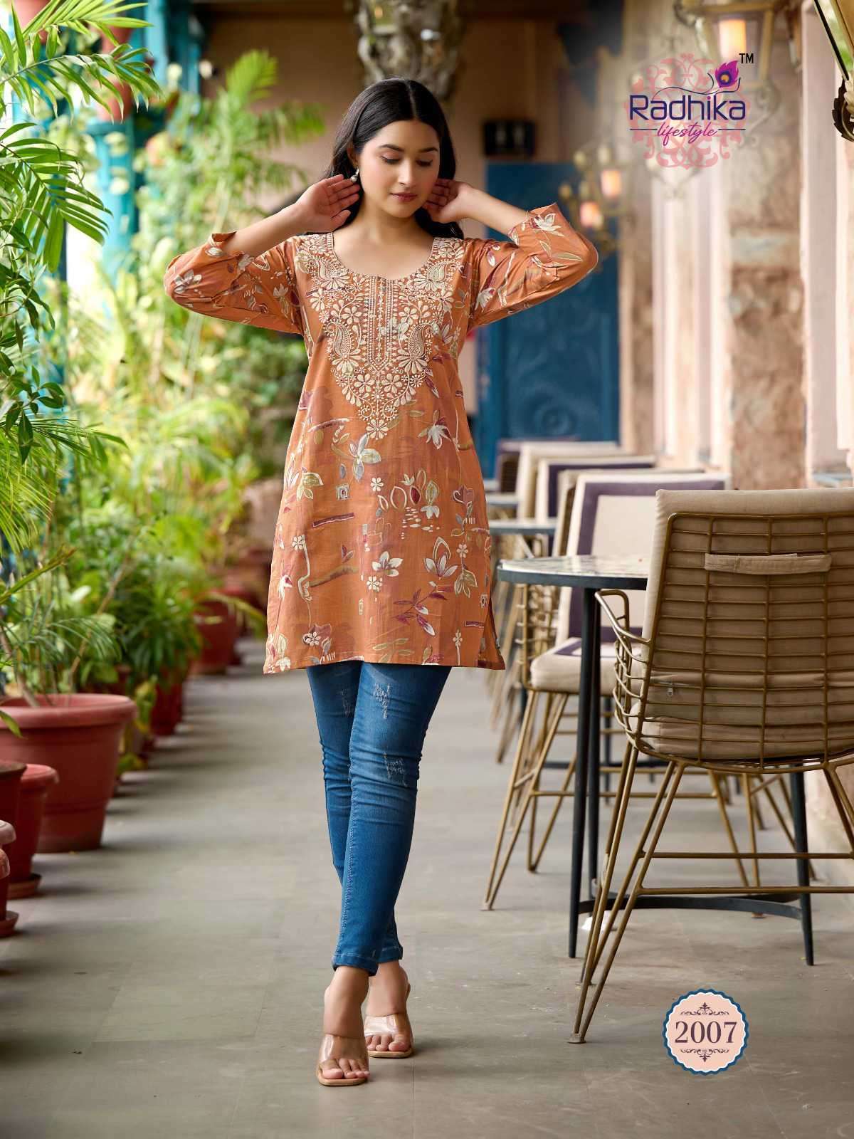 SUMMER SHINE VOL-2 SERIES 2001 TO 2010 BY RADHIKA LIFESTYLE DESIGNER LUCKNOWI EMBROIDERY WORK COTTON TOPS ARE AVAILABLE AT WHOLESALE PRICE