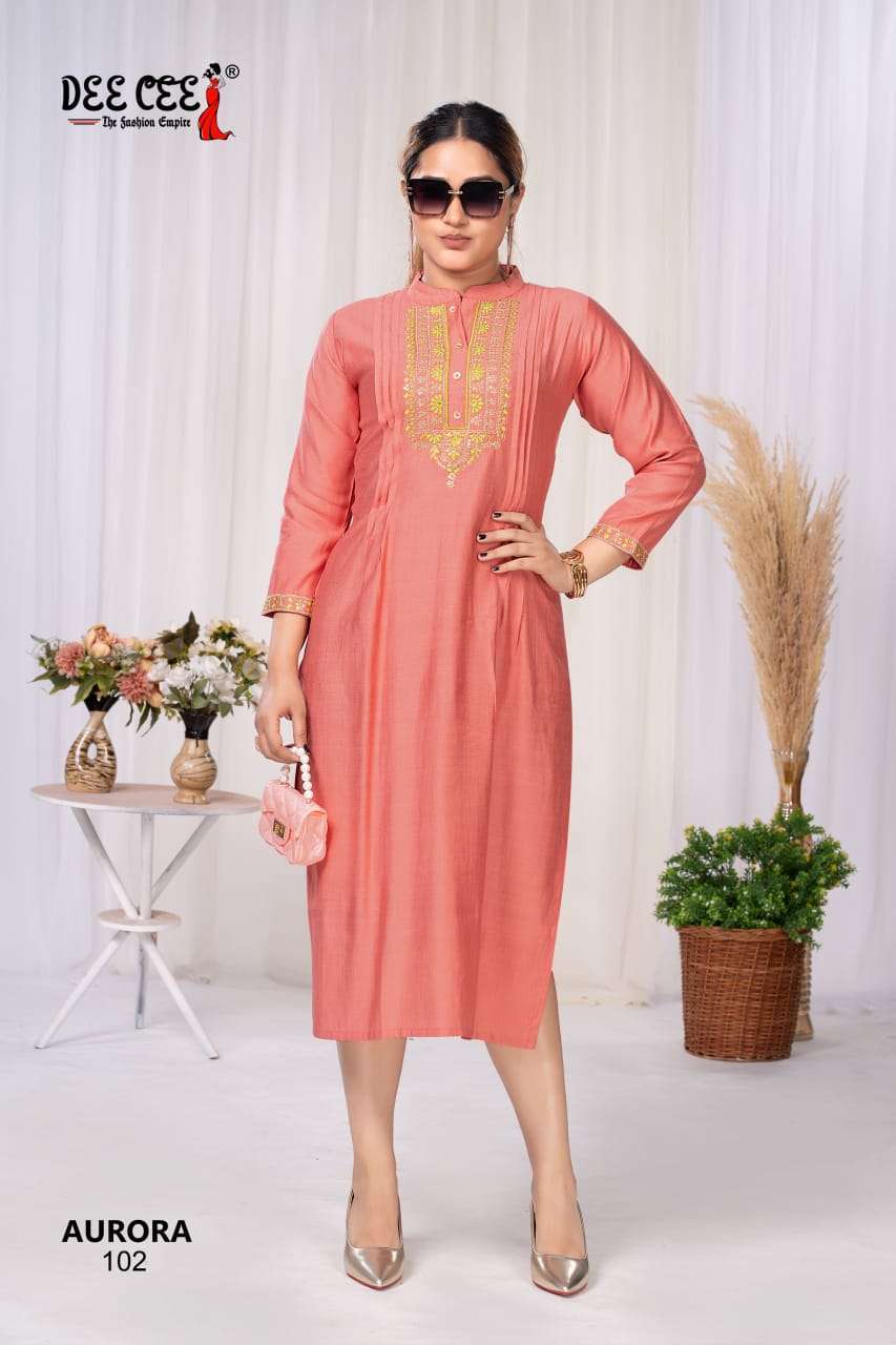 AURORA SERIES 101 TO 106 BY DEE CEE DESIGNER STRAIGHT SILK KURTIS ARE AVAILABLE AT WHOLESALE PRICE