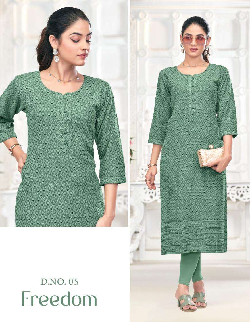 FREEDOM SERIES 01 TO 10 KURTI BY TUNIC HOUSE DESIGNER CHIKANKARI WORK VISCOSE RAYON KURTIS ARE AVAILABLE AT WHOLESALE PRICE