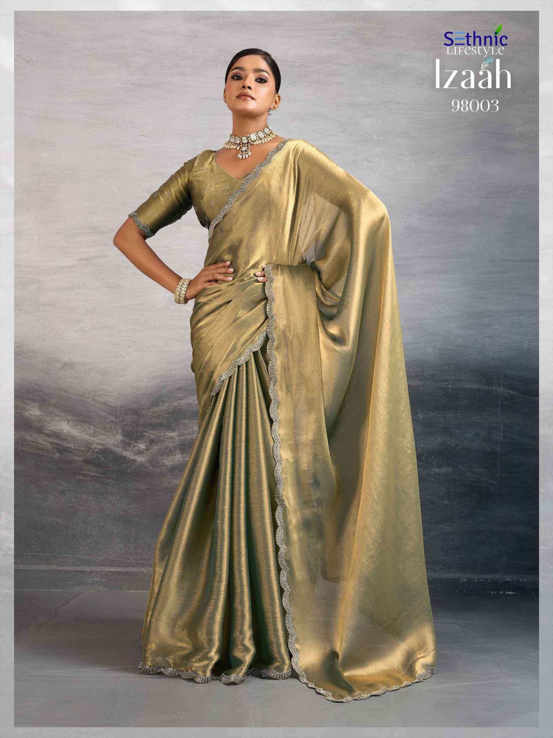 IZAAH SERIES 98001 TO 98005 SAREE BY SETHNIC DESIGNER BURBERRY CHIFFONE SAREES ARE AVAILABLE AT WHOLESALE PRICE