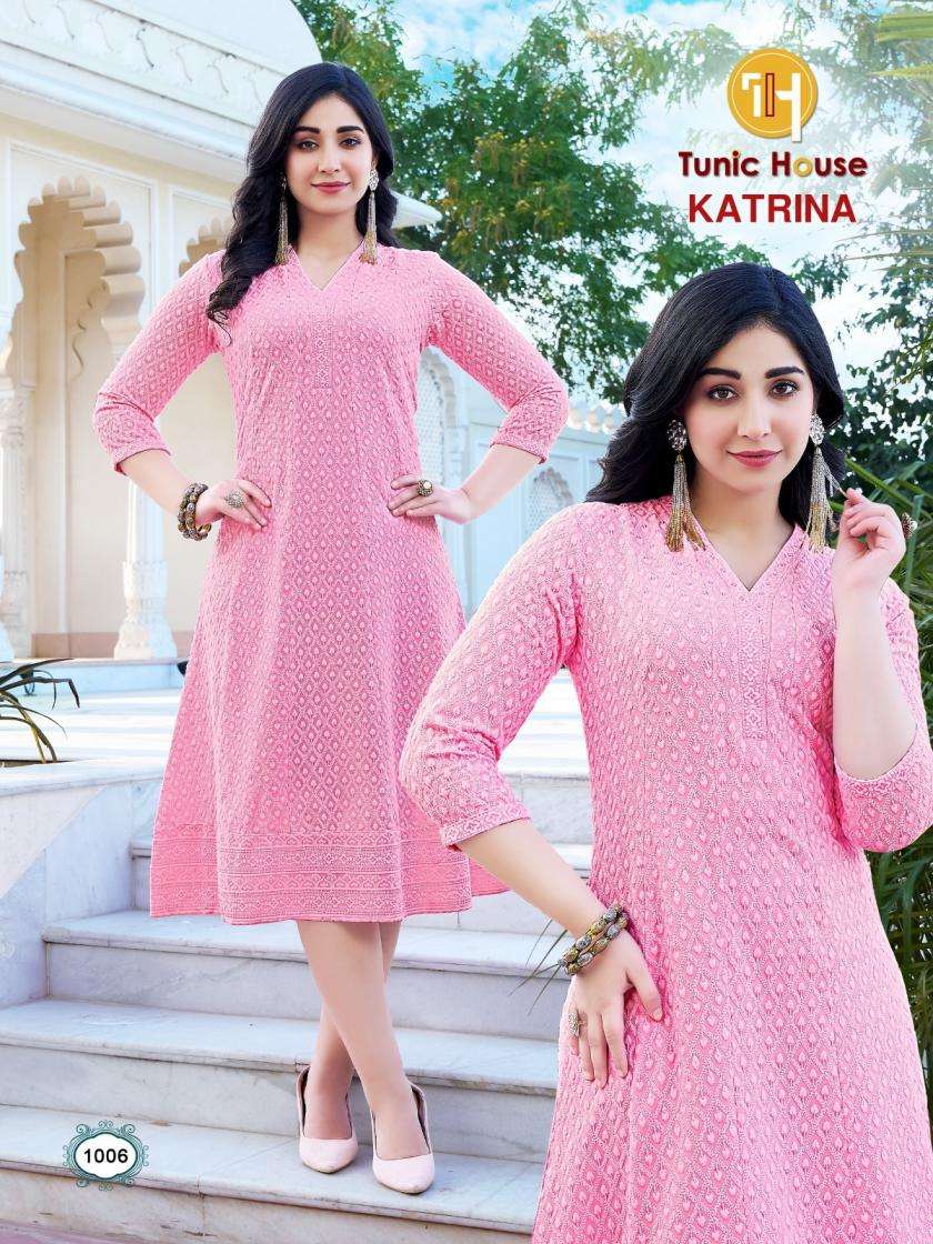 KATRINA SERIES 1001 TO 1010 KURTI BY TUNIC HOUSE DESIGNER CHIKANKARI WORK VISCOSE RAYON KURTIS ARE AVAILABLE AT WHOLESALE PRICE
