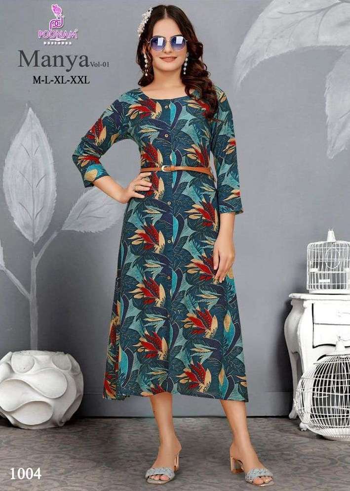 MANYA VOL-1 SERIES 1001 TO 1005 KURTI BY POONAM DESIGNER DIGITAL PRINTED RAYON KURTI WITH BELT ARE AVAILABLE AT WHOLESALE PRICE