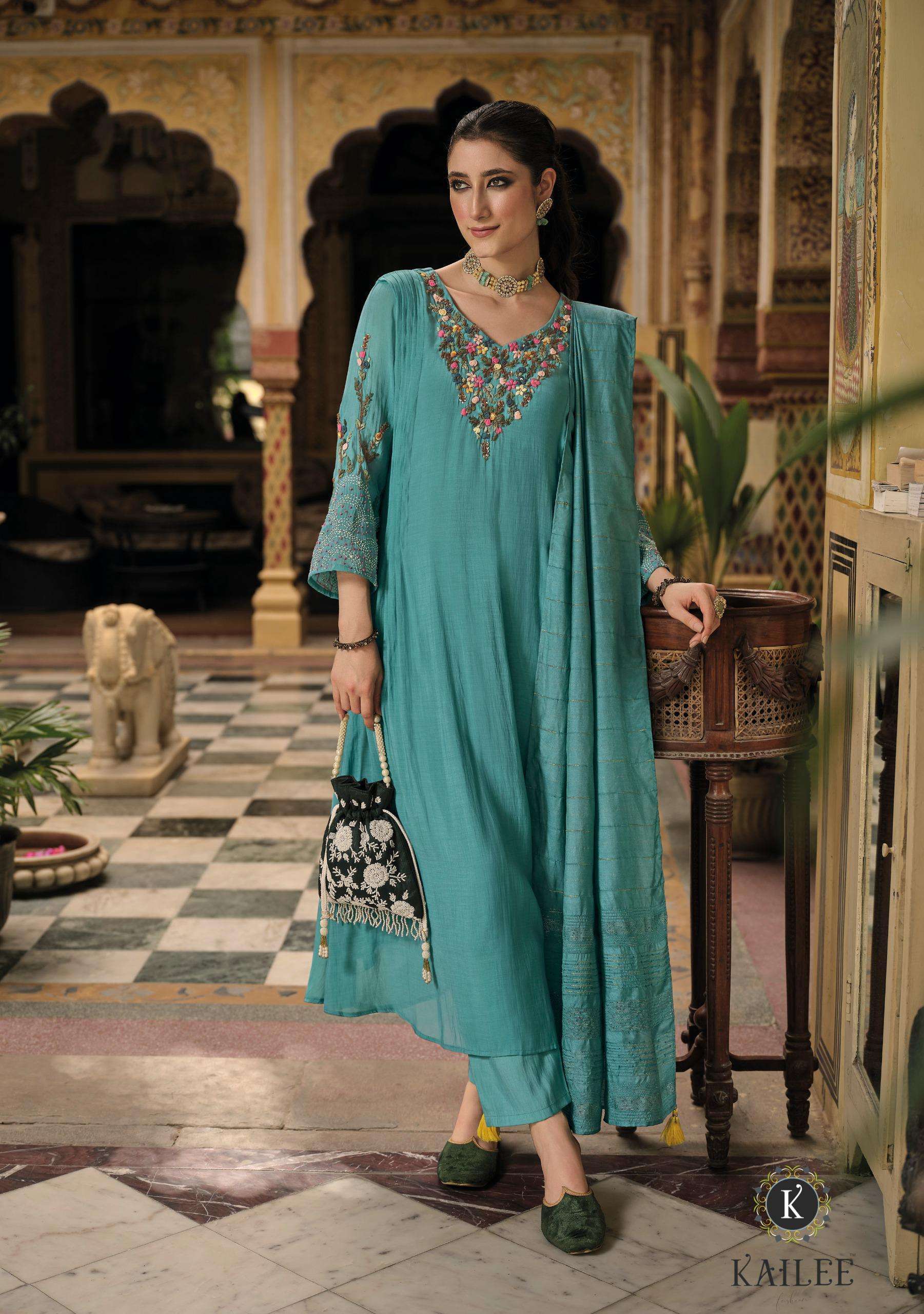 MEHER SERIES 45701 TO 45704 BY KAILEE DESIGNER KATHA WORK CHANDERI VISCOSE TOP WITH BOTTOM AND DUPATTA ARE AVAILABLE AT WHOLESALE PRICE