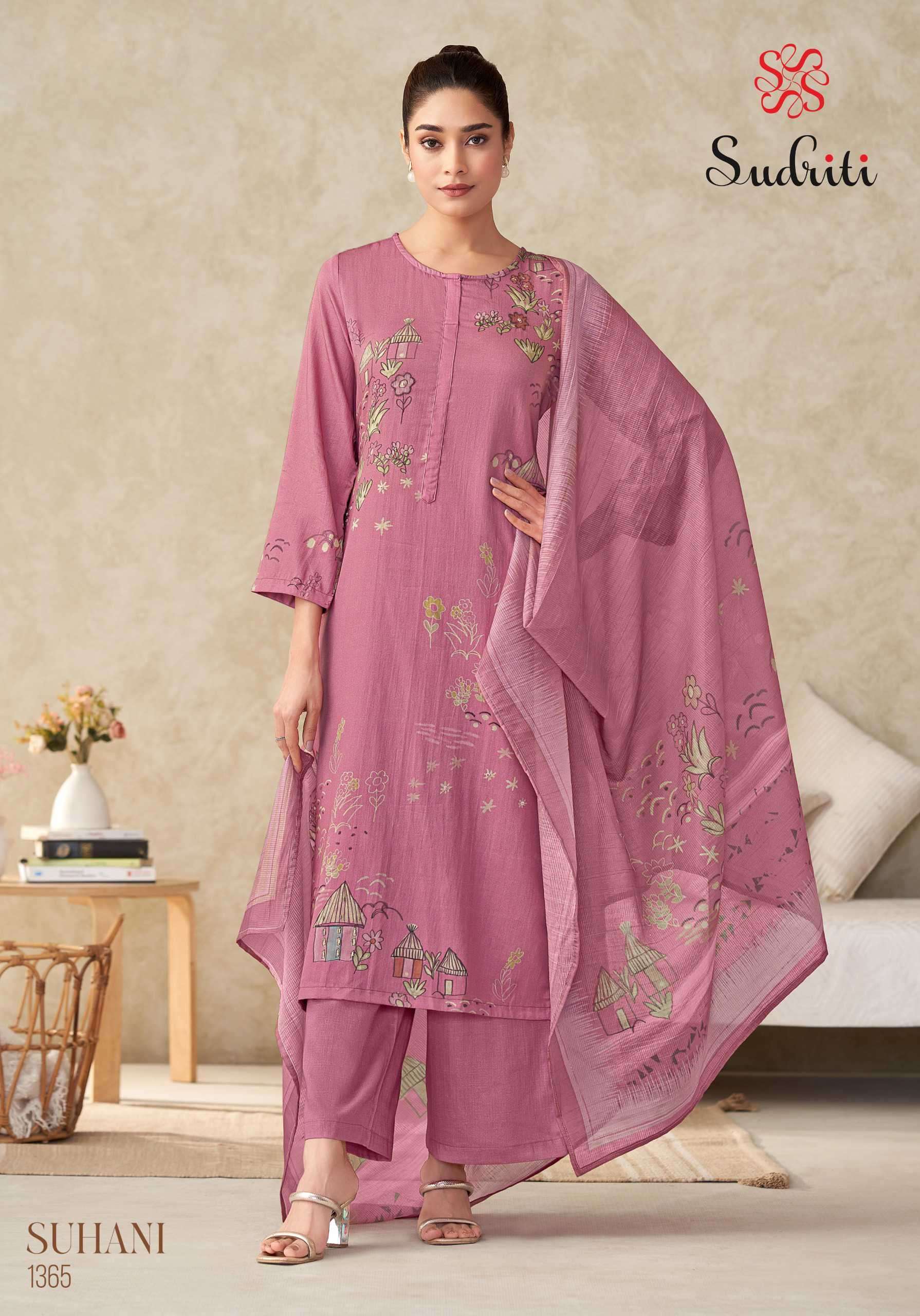 SUHANI SERIES 1300 BY SUDRITI DESIGNER PRINTED AND HAND WORK ITALIAN SATIN SUITS ARE AVAILABLE AT WHOLESALE PRICE