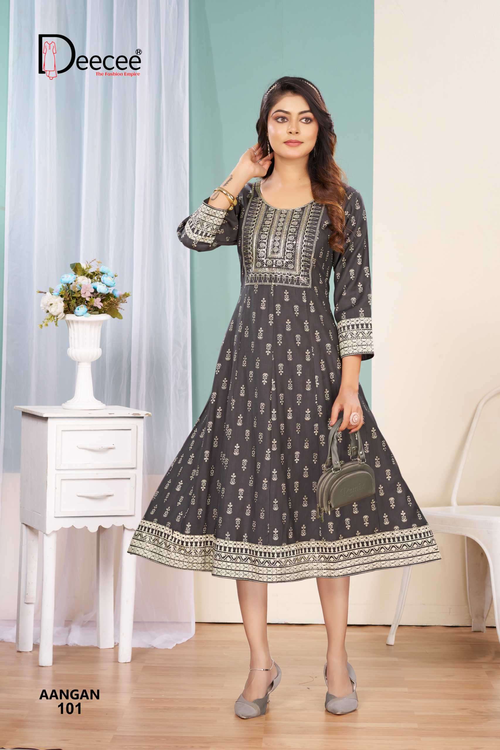 AANGAN SERIES 101 TO 06 KURTI BY DEE CEE DESIGNER PRINTED KALI STYLE VATICAN KURTIS ARE AVAILABLE AT WHOLESALE PRICE