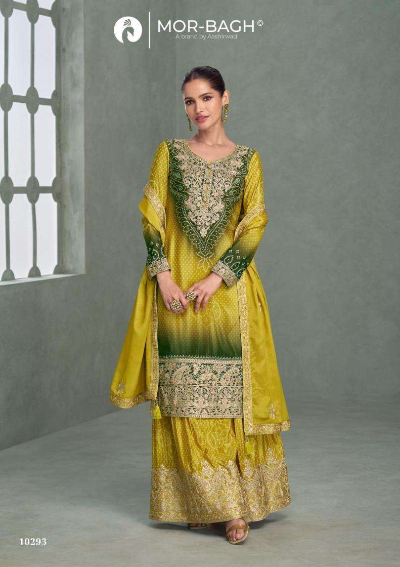 AAVYA SERIES 01292 TO 10296 BY MOR BAGH AASHIRWAD DESIGNER EMBROIDERY WORK CHINON SILK READYMADE SUITS ARE AVAILABLE AT WHOLESALE PRICE