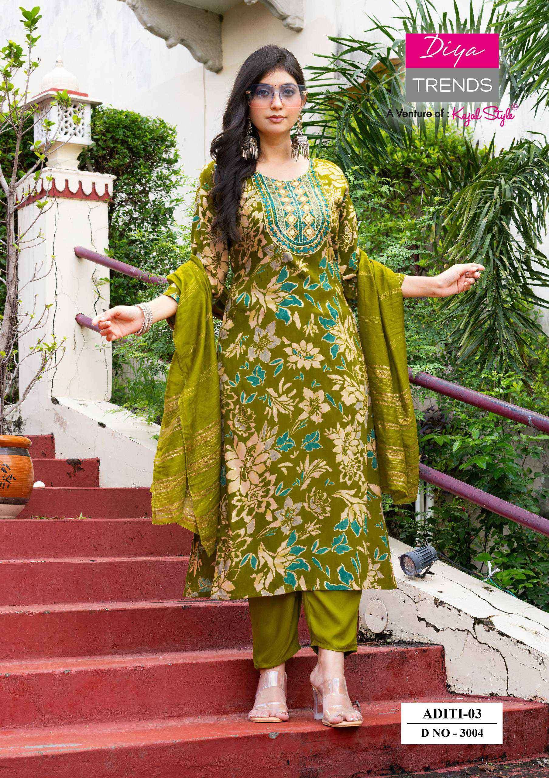 ADITI VOL-3 SERIES 3001 TO 3010 BY DIYA TRENDS DESIGNER PRINTED AND WORK RAYON KURTI WITH BOTTOM AND DUPATTA ARE AVAILABLE AT WHOLESALE PRICE