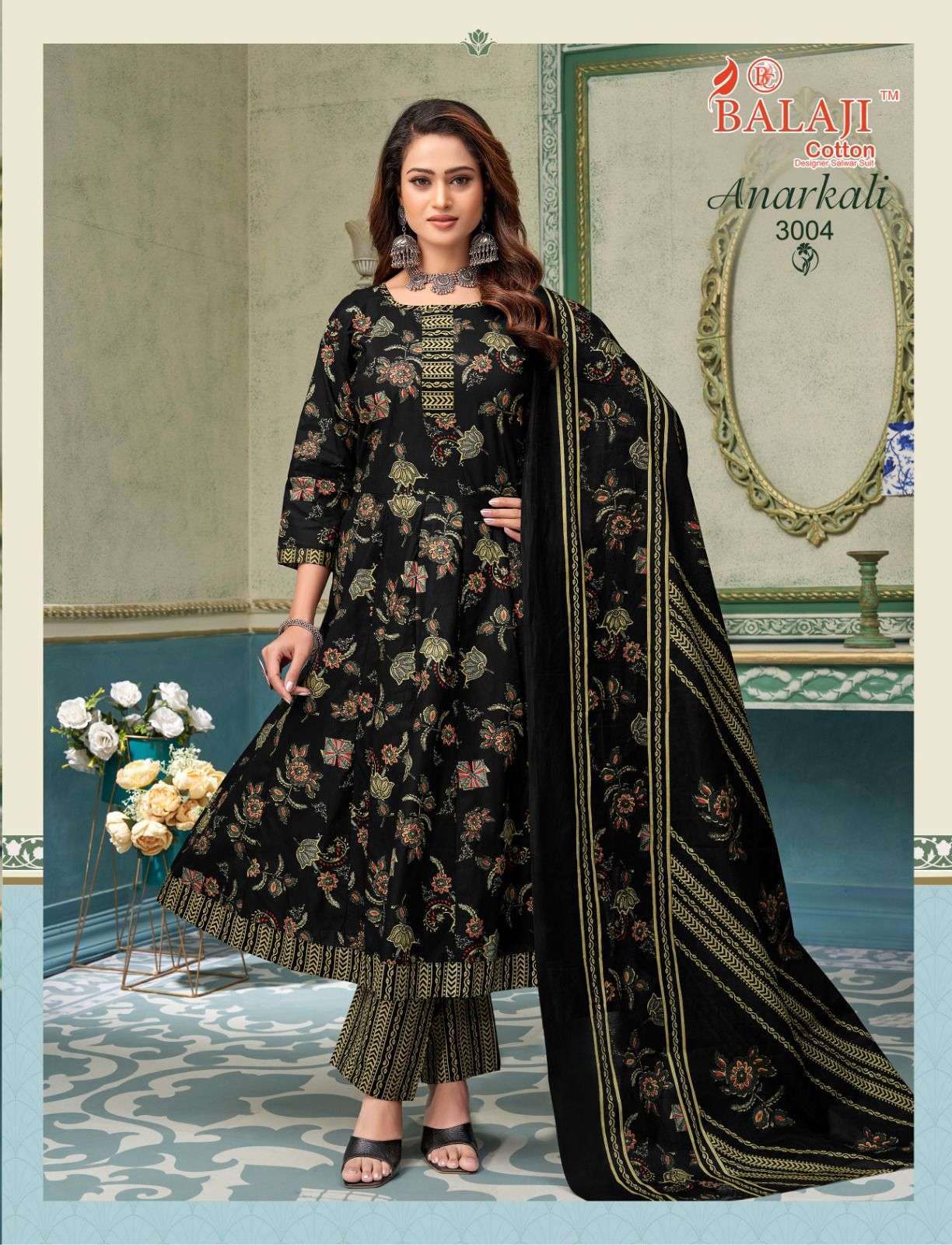 ANARKALI VOL-3 SERIES 3001 TO 3008 BY BALAJI COTTON DESIGNER PRINTED COTTON READYMADE ANARKALI SUITS ARE AVAILABLE AT WHOLESALE PRICE
