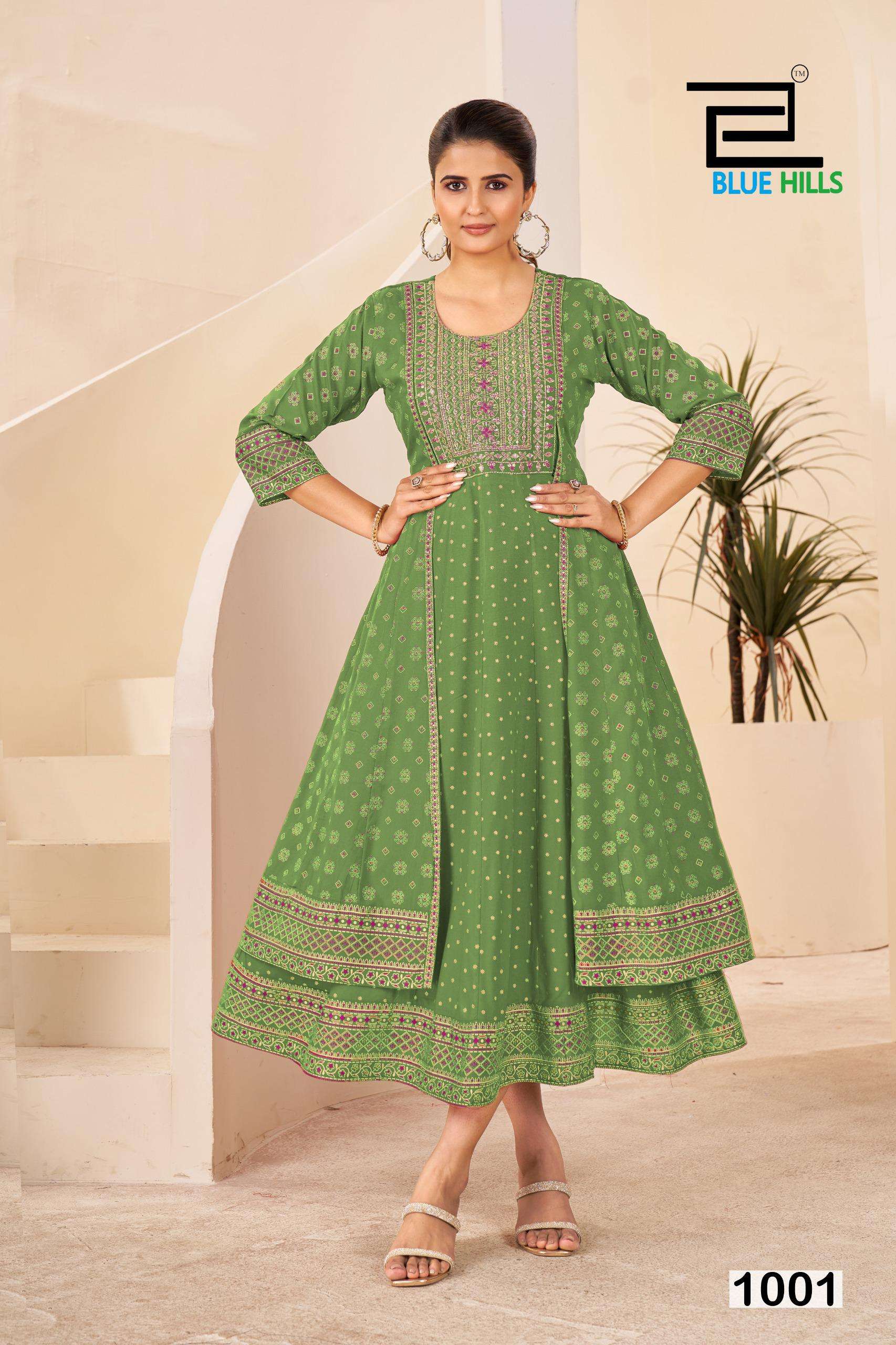 DIAMOND SERIES 10101 TO 10104 BY BLUE HILLS DESIGNER FOIL PRINTED AND WORK RAYON GOWNS ARE AVAILABLE AT WHOLESALE PRICE