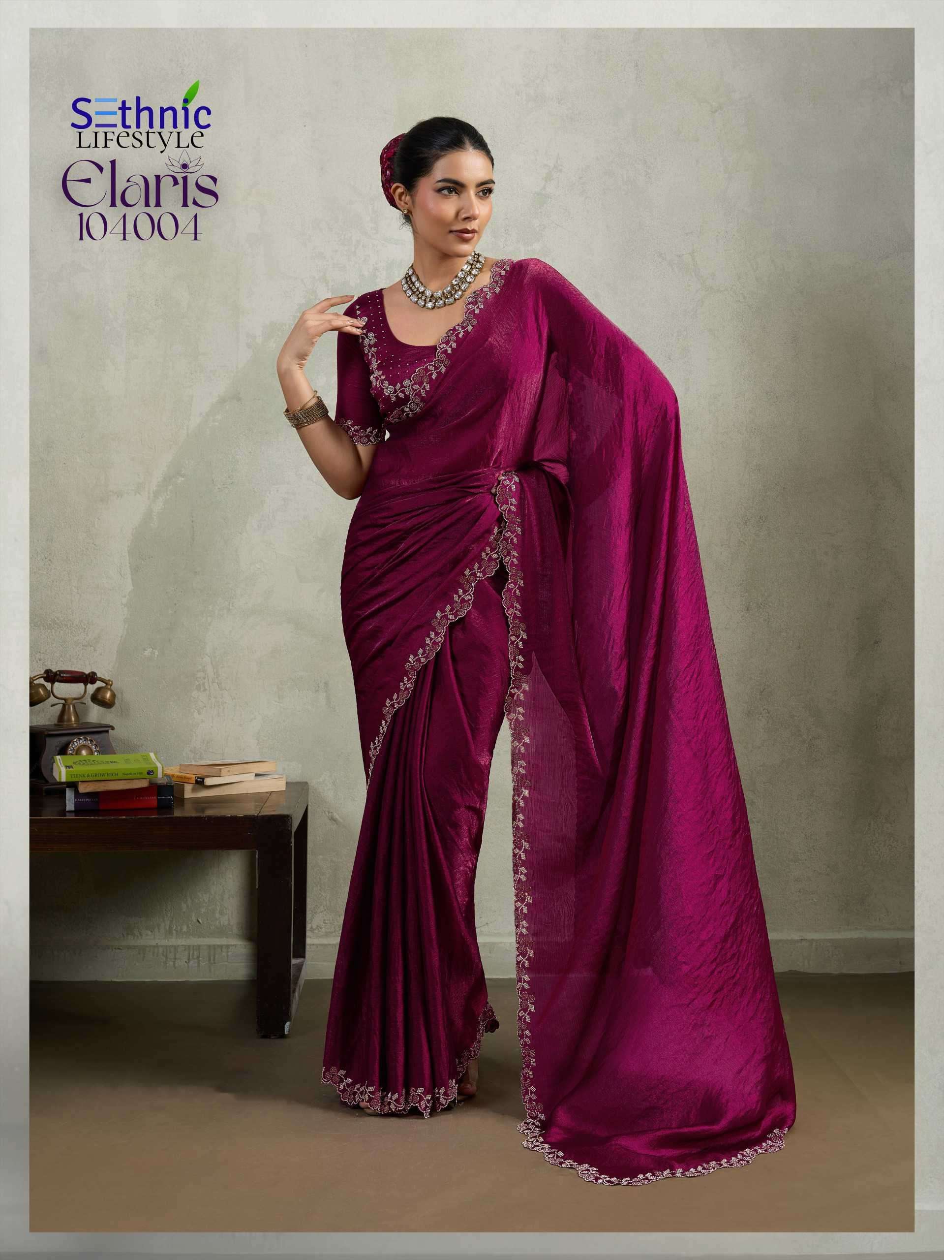 ELARIS SERIES 104001 TO 104004 SAREE BY SETHNIC LIFESTYLE DESIGNER WORK VELVET CHIFFONE SAREES ARE AVAILABLE AT WHOLESALE PRICE
