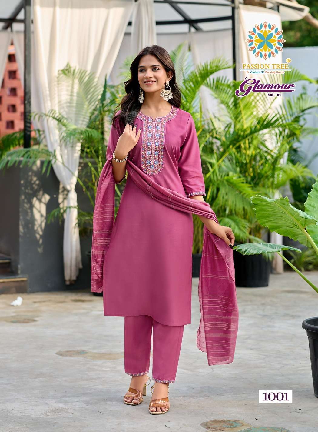 GLAMOUR VOL-1 SERIES 1001 TO 1006 BY PASSION TREE DESIGNER EMBROIDERY WORK ROMAN SILK TOP WITH BOTTOM AND DUPATTA ARE AVAILABLE AT WHOLESALE PRICE