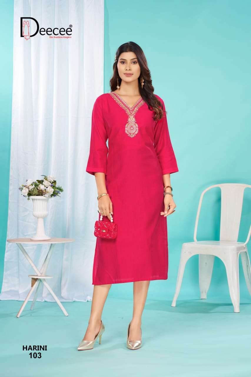 HARINI SERIES 101 TO 106 KURTI BY DEE CEE DESIGNER EMBROIDERY WORK STRAIGHT KURTIS ARE AVAILABLE AT WHOLESALE PRICE