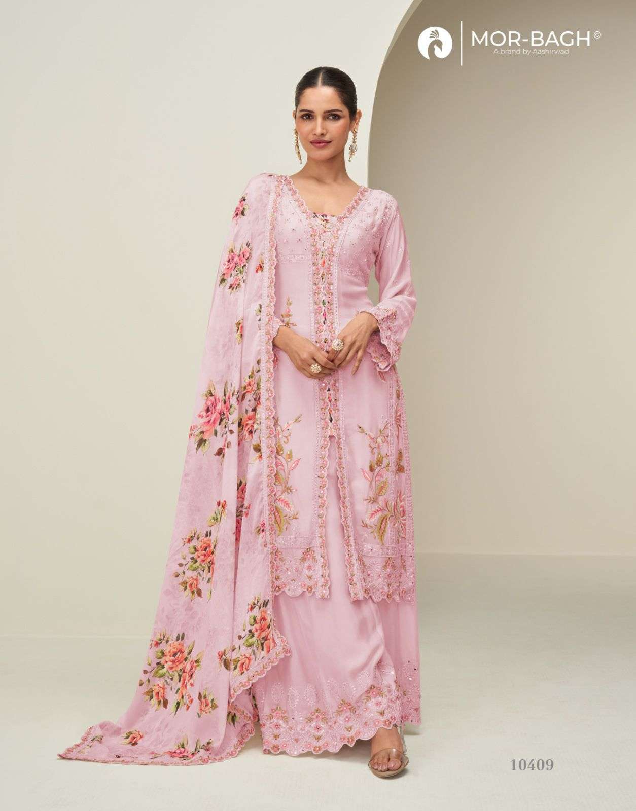 HIDAYA SERIES 10407 TO 10410 BY MOR BAGH AASHIRWAD DESIGNER EMBROIDERY WORK CHINON SUITS ARE AVAILABLE AT WHOLESALE PRICE