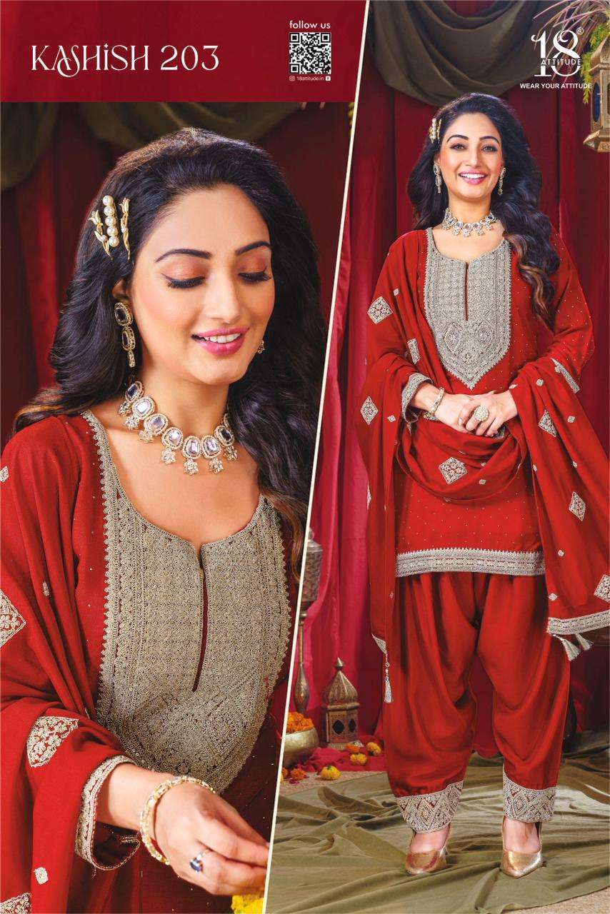 KASHISH VOL-2 SERIES 201 TO 204 BY 18 ATTITUDE DESIGNER WORK VICHITRA SILK TOP WITH FARSHI SALWAR AND DUPATTA ARE AVAILABLE AT WHOLESALE PRICE