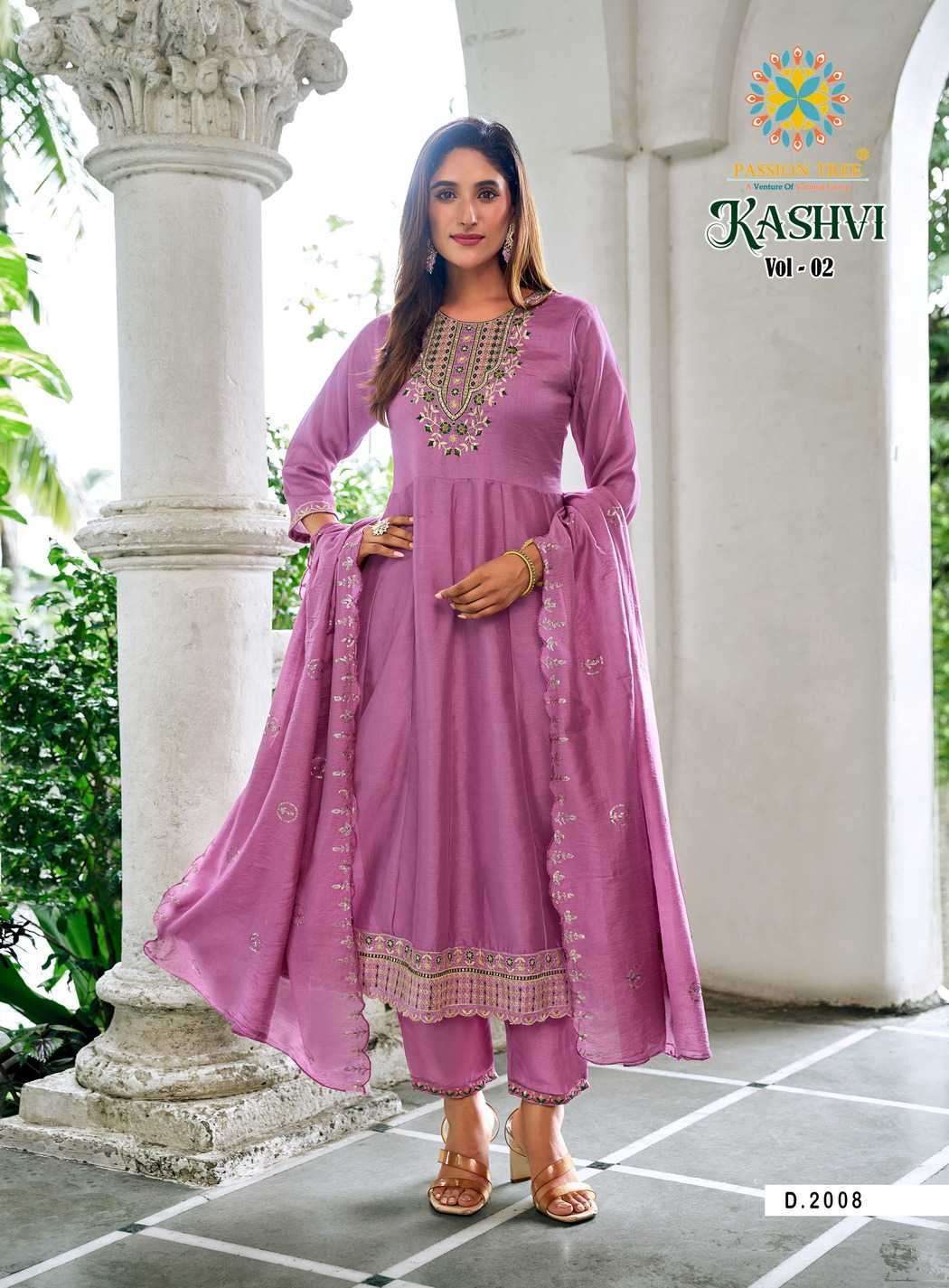 KASHVI VOL-2 SERIES 2001 TO 2008 BY PASSION TREE DESIGNER WORK VICHITRA SILK ANARKALI KURTI WITH BOTTOM AND DUPATTA ARE AVAILABLE AT WHOLESALE PRICE