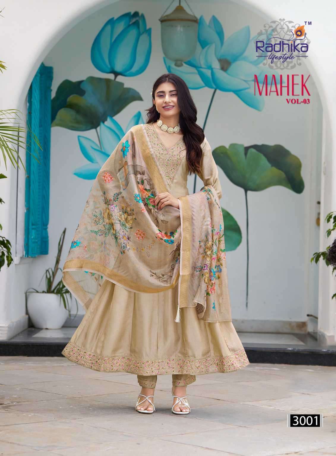 MAHEK VOL-3 SERIES 3001 TO 3006 BY OSSM DESIGNER EMBROIDERY WORK VICHITRA SILK ANARKALI TOP WITH BOTTOM AND DUPATTA ARE AVAILABLE AT WHOLESALE PRICE