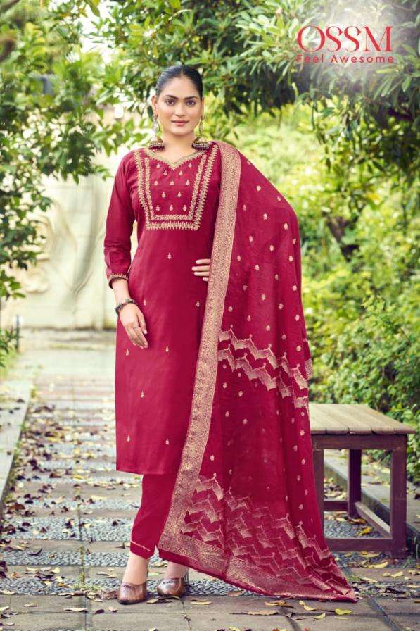 MONALISA VOL-1 SERIES 1001 TO 1006 BY OSSM DESIGNER EMBROIDERY WORK ROMAN SILK TOP WITH BOTTOM AND DUPATTA ARE AVAILABLE AT WHOLESALE PRICE