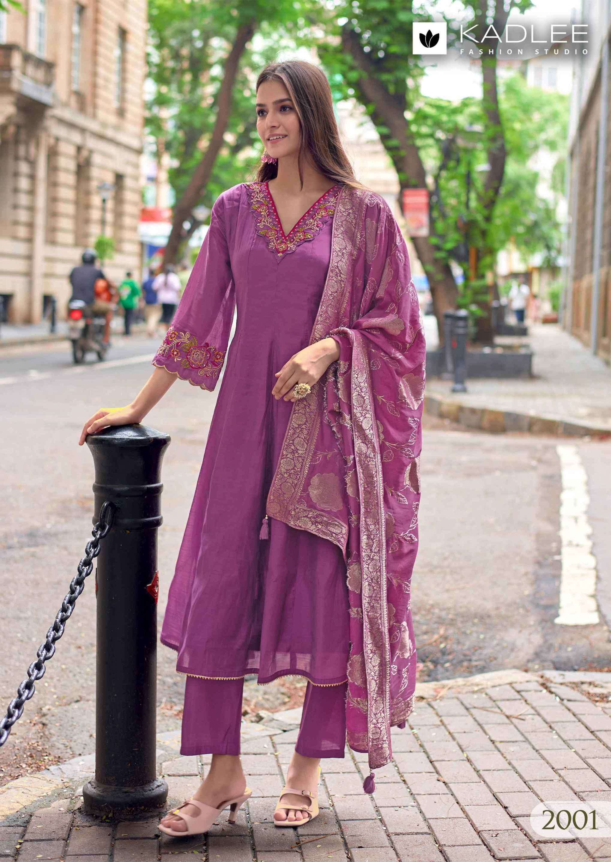 MORNI SERIES 2001 TO 2004 BY KADLEE DESIGNER THREAD ANA DHAND WORK MUL CHANDERI KURTI WITH BOTTOM AND DUPATTA ARE AVAILABLE AT WHOLESALE PRICE