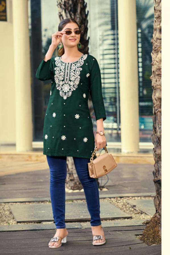 NORA VOL-7 SERIES 1001 TO 1006 KURTI BY OSSM DESIGNER WITH EMBROIDERY WORK RAYON SHORT KURTIS ARE AVAILABLE AT WHOLESALE PRICE