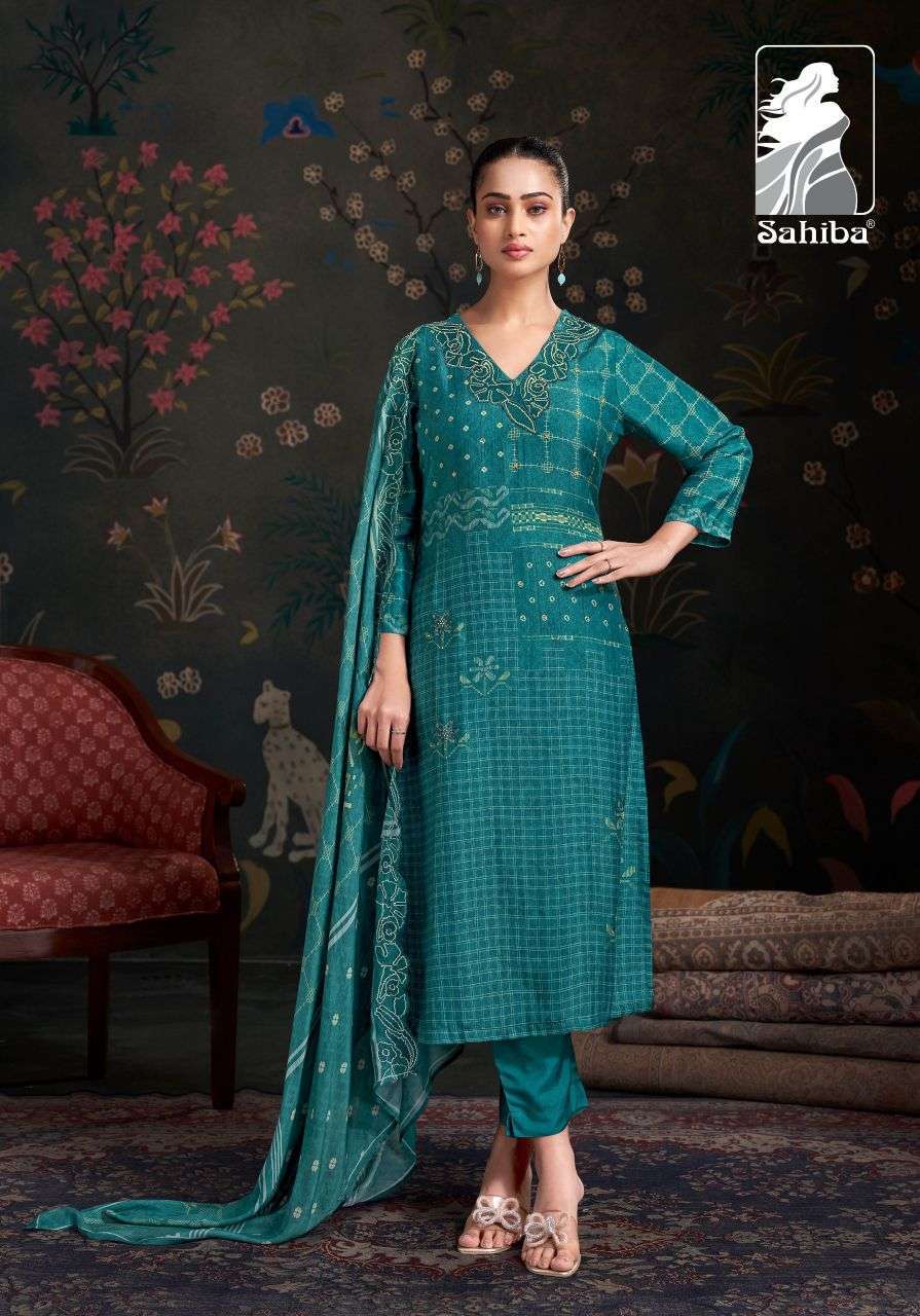 RAAHIL SERIES 3000 BY SAHIBA DESIGNER DIGITAL PRINTED WITH EMBROIDERY AND HAND WORK SHIMMER SILK SUITS ARE AVAILABLE AT WHOLESALE PRICE