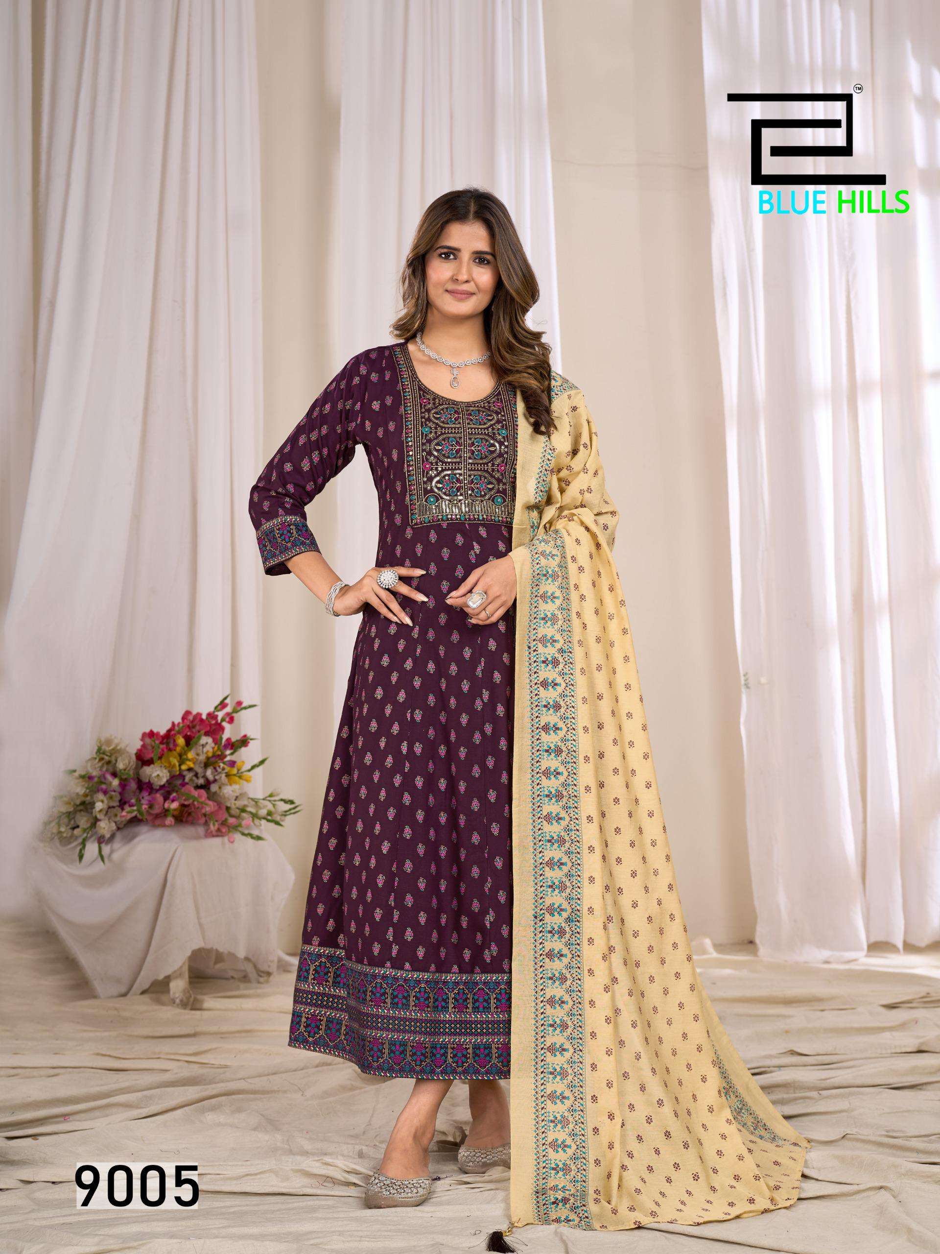 RITU SPECIAL VOL-9 SERIES 9001 TO 9006 BY BLUE HILLS DESIGNER PRINTED AND WORK RAYON GOWN WITH DUPATTA ARE AVAILABLE AT WHOLESALE PRICE