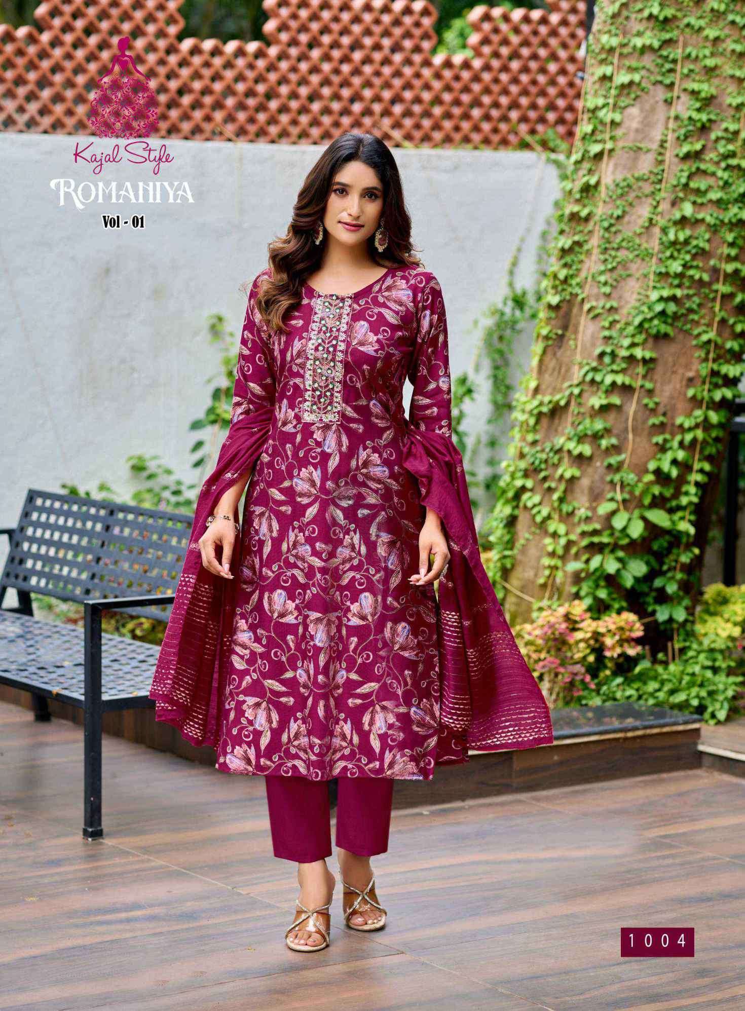 ROMANIYA VOL-1 SERIES 1001 TO 1008 BY KAJAL STYLE DESIGNER PRINTED AND EMBROIDERY WORK VATICAN KURTI WITH BOTTOM AND DUPATTA ARE AVAILABLE AT WHOLESALE PRICE