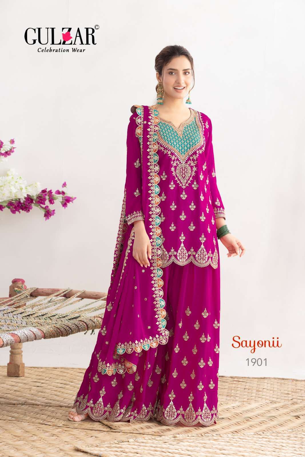 SAYONII SERIES 1901 TO 1903 BY GULZAR DESIGNER HEAVY WORK READYMADE CHINON SUITS ARE AVAILABLE AT WHOLESALE PRICE
