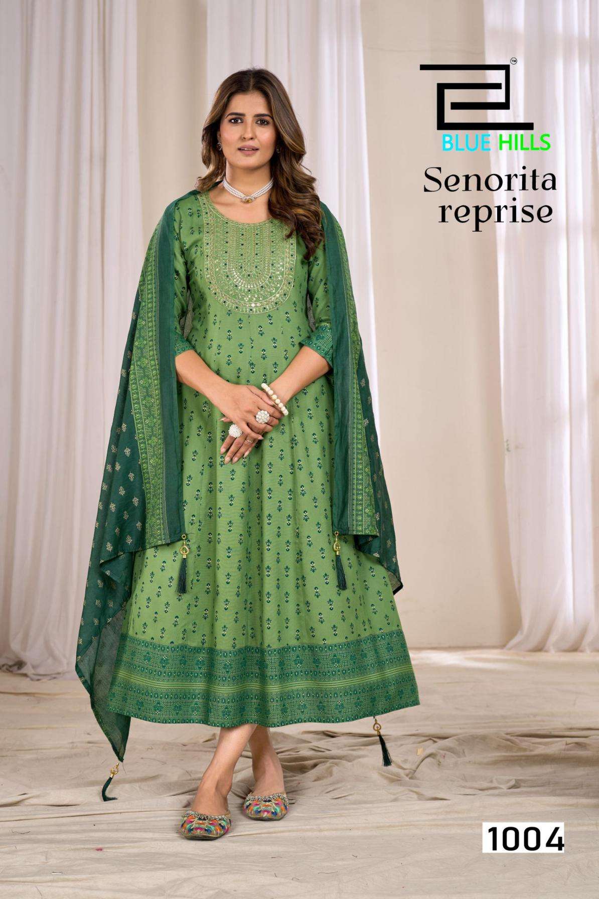 SENORITA REPRISE SERIES 1001 TO 1006 BY BLUE HILLS DESIGNER PRINTED AND WORK RAYON GOWN WITH DUPATTA ARE AVAILABLE AT WHOLESALE PRICE