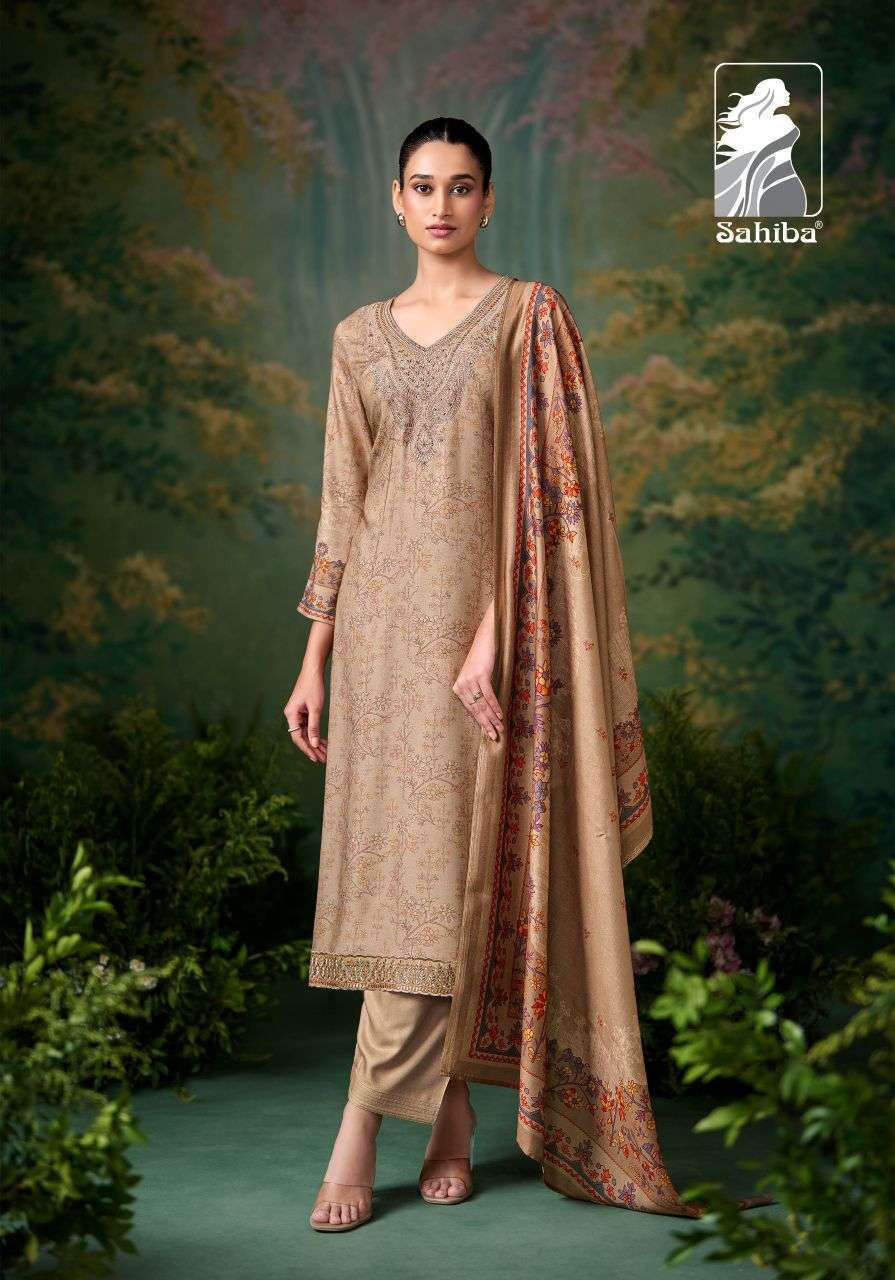 SHAZMINA SERIES 4800 BY SAHIBA DESIGNER DIGITAL PRINTED WITH EMBROIDERY AND HAND WORK PASHMINA TWILL SUITS ARE AVAILABLE AT WHOLESALE PRICE