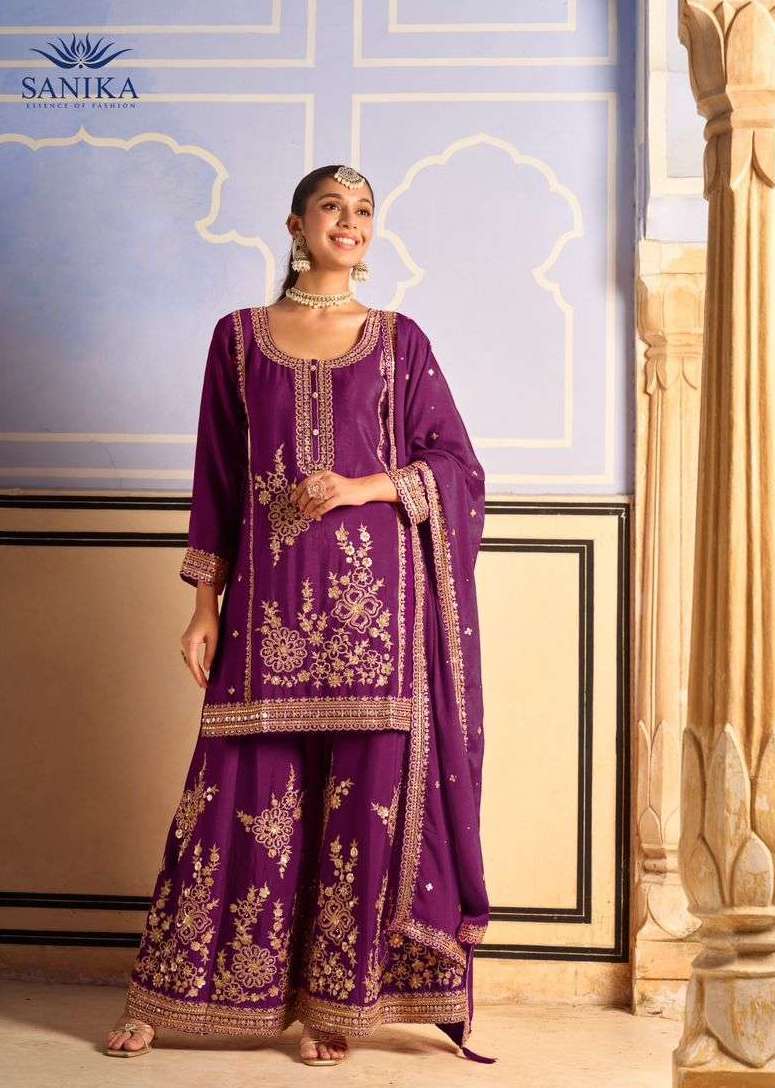 TARANG SERIES 7001 TO 7004 BY SANIKA DESIGNER EMBROIDERY WORK CHINON SILK READYMADE SUITS ARE AVAILABLE AT WHOLESALE PRICE