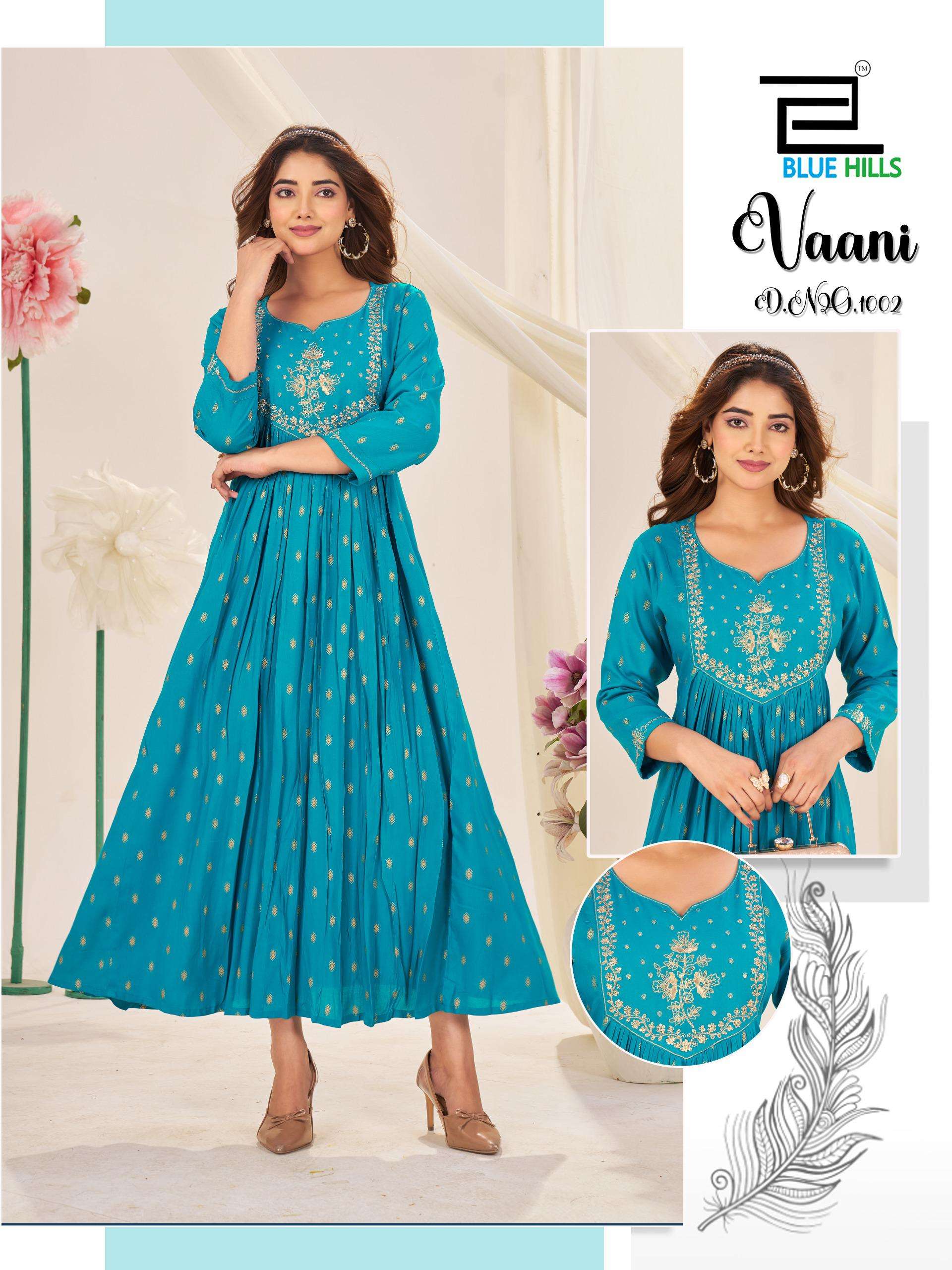 VAANI SERIES 1001 TO 1004 BY BLUE HILLS DESIGNER FOIL PRINTED AND EMBROIDERY WORK RAYON GOWNS ARE AVAILABLE AT WHOLESALE PRICE